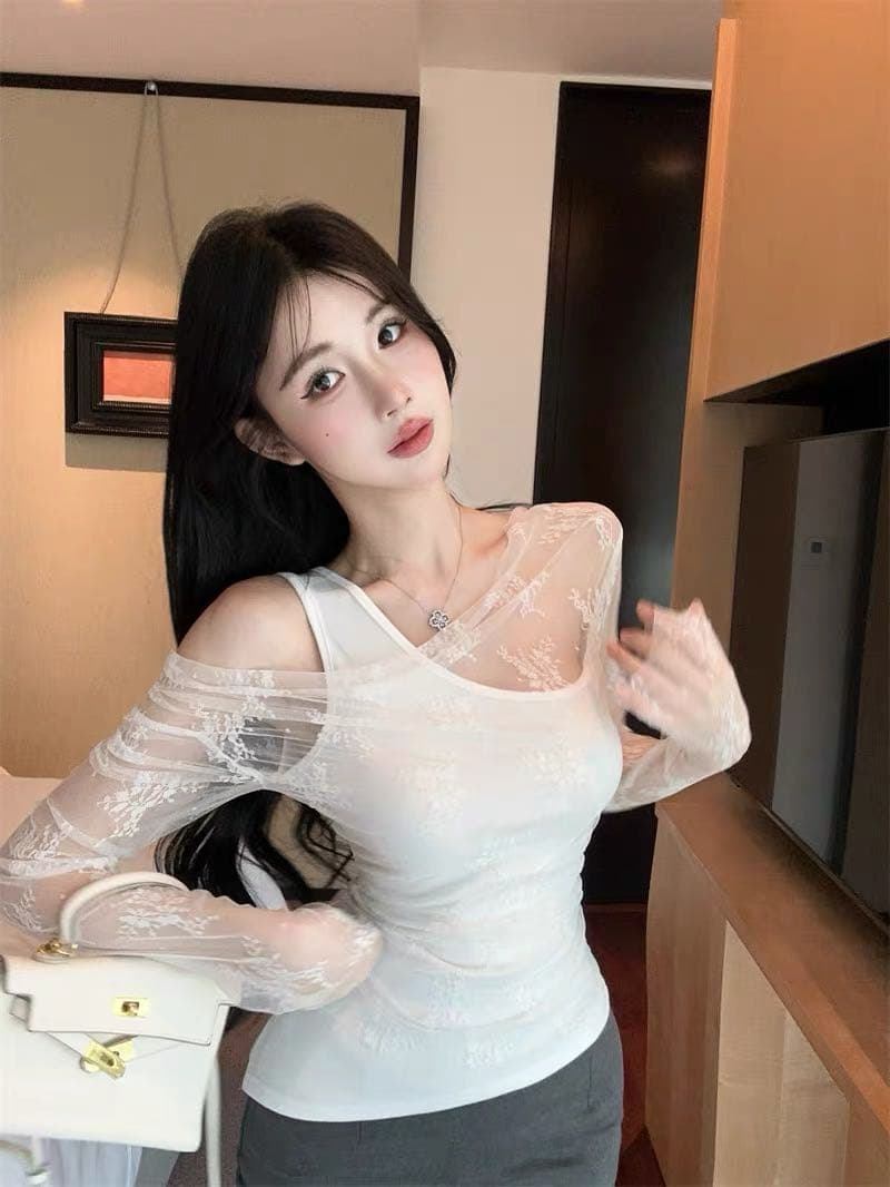 이른 가을 레이스 조각 페이크 레이어드 비스듬한 어깨 태양 보호 셔츠 나만의 것을 가져와 라. 가슴 패드 원피스 무료 착용 bra 레이스 자외선 차단 의류 상세 이미지 11