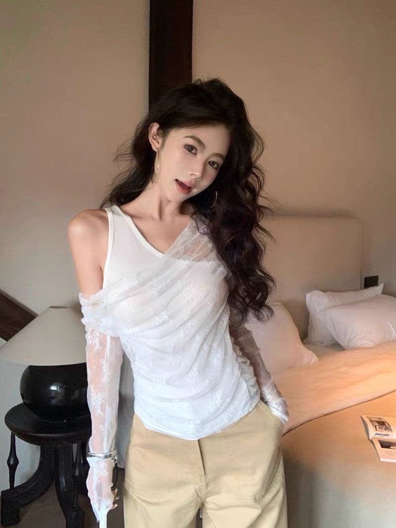 이른 가을 레이스 조각 페이크 레이어드 비스듬한 어깨 태양 보호 셔츠 나만의 것을 가져와 라. 가슴 패드 원피스 무료 착용 bra 레이스 자외선 차단 의류 상세 이미지 12