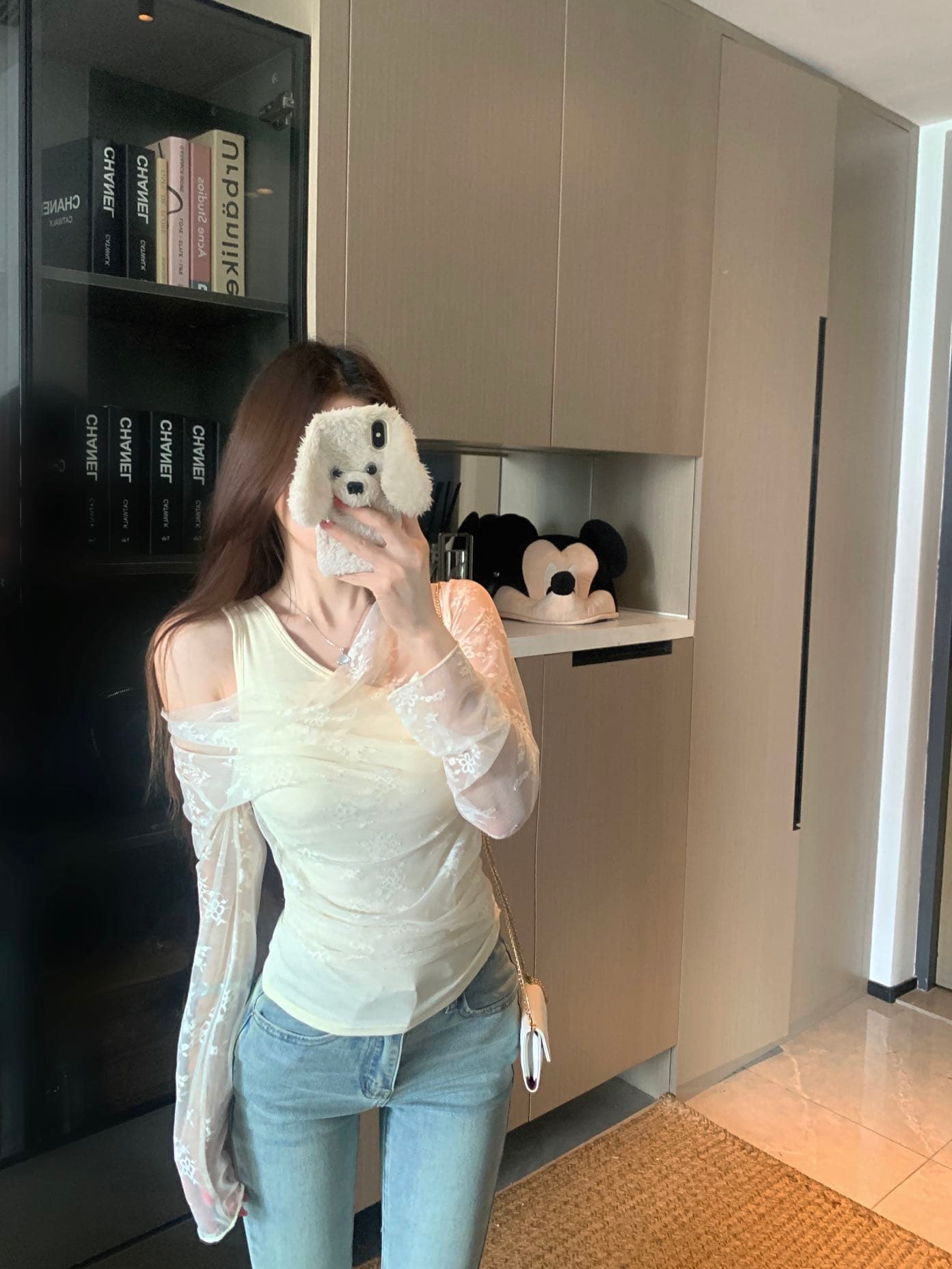 이른 가을 레이스 조각 페이크 레이어드 비스듬한 어깨 태양 보호 셔츠 나만의 것을 가져와 라. 가슴 패드 원피스 무료 착용 bra 레이스 자외선 차단 의류 상세 이미지 24