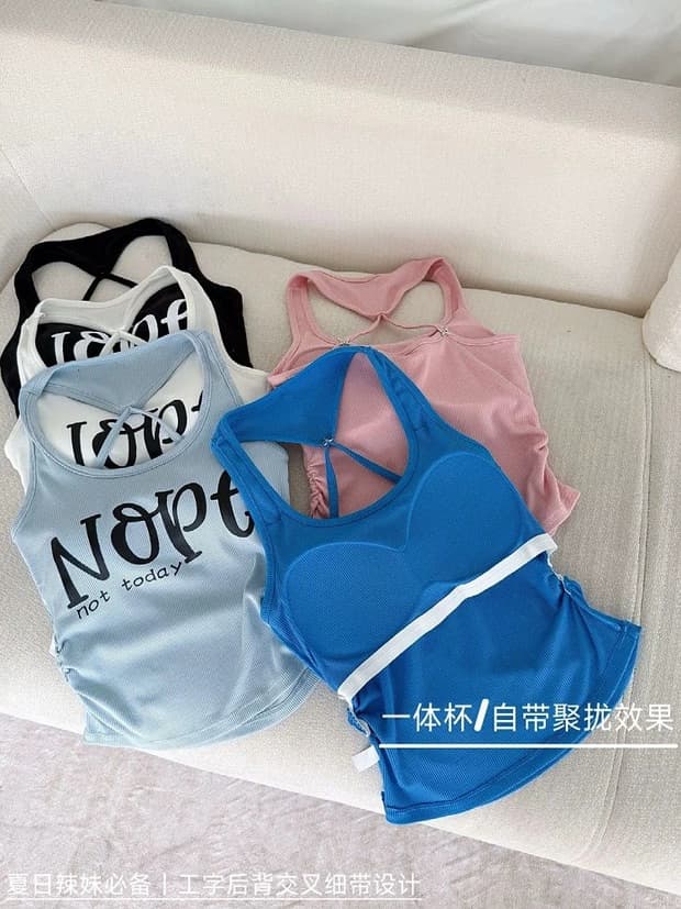 핫걸 바람 알파벳 프린트 행침 목 캐미솔 여름 외출용 인사이드 가져 가라. 아름다움 멜빵 가슴 패드 꼬집기 허리 쇼트 스타일 맨위 이미지 4