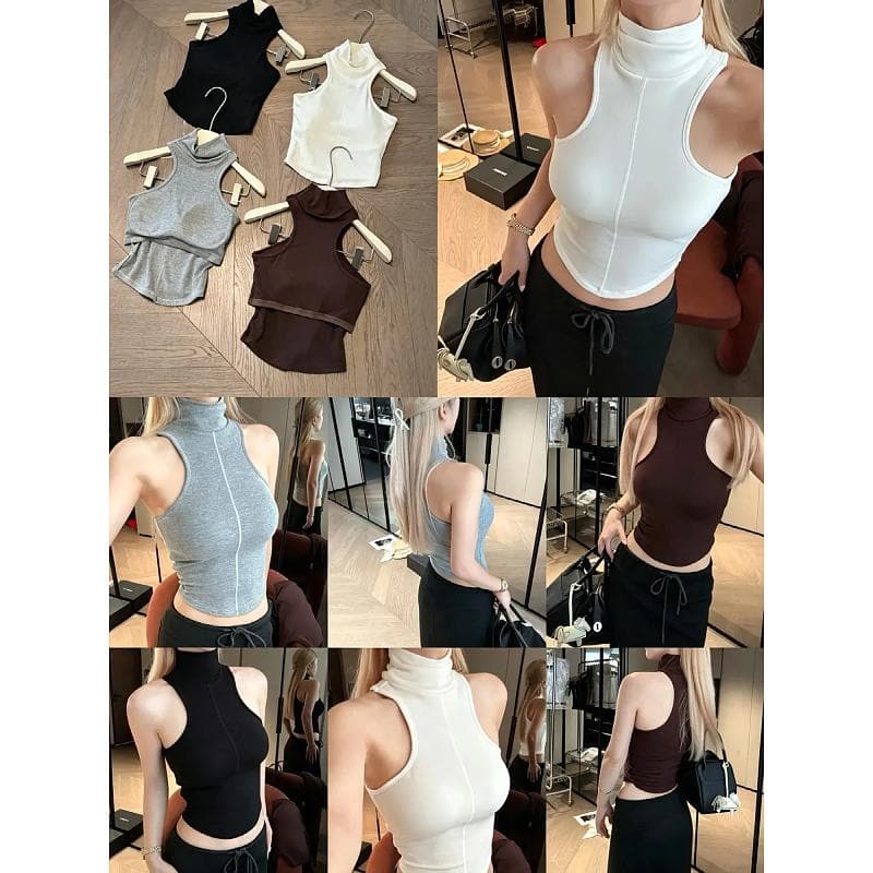 가을 겨울 새로운 핫걸 바람 발굴하다 어깨 터틀넥 조끼 여성 봄 가을 명시적 스티치 몸매 가꾸기 쇼트 스타일 벨트 가슴 패드 만나는 맨위 상세 이미지 10