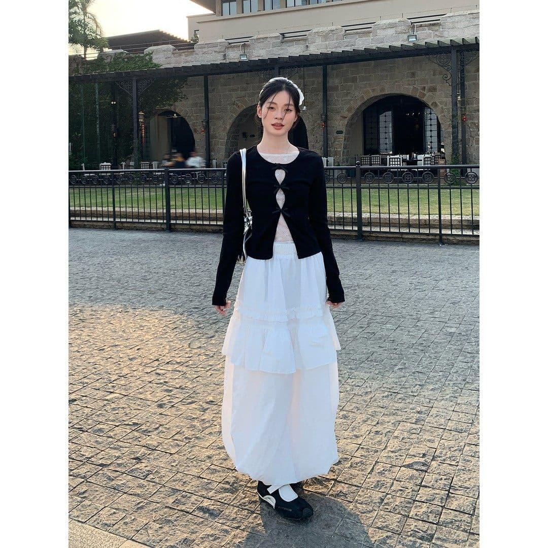 검정색 달콤한 핫걸 나비 매듭 레이스 조각 긴팔 티셔츠 여성 봄 인사이드 가져 가라. 몸매 가꾸기 페이크 레이어드 만나는 맨위 이미지 3