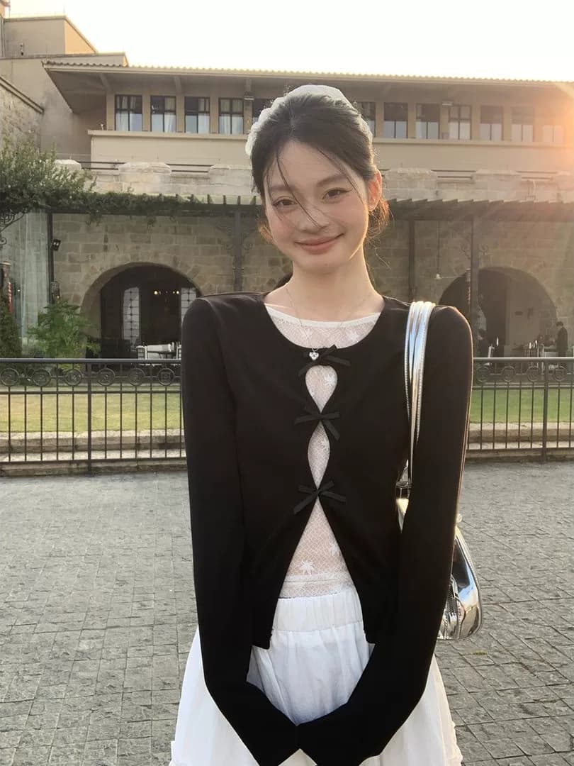 검정색 달콤한 핫걸 나비 매듭 레이스 조각 긴팔 티셔츠 여성 봄 인사이드 가져 가라. 몸매 가꾸기 페이크 레이어드 만나는 맨위 상세 이미지 10