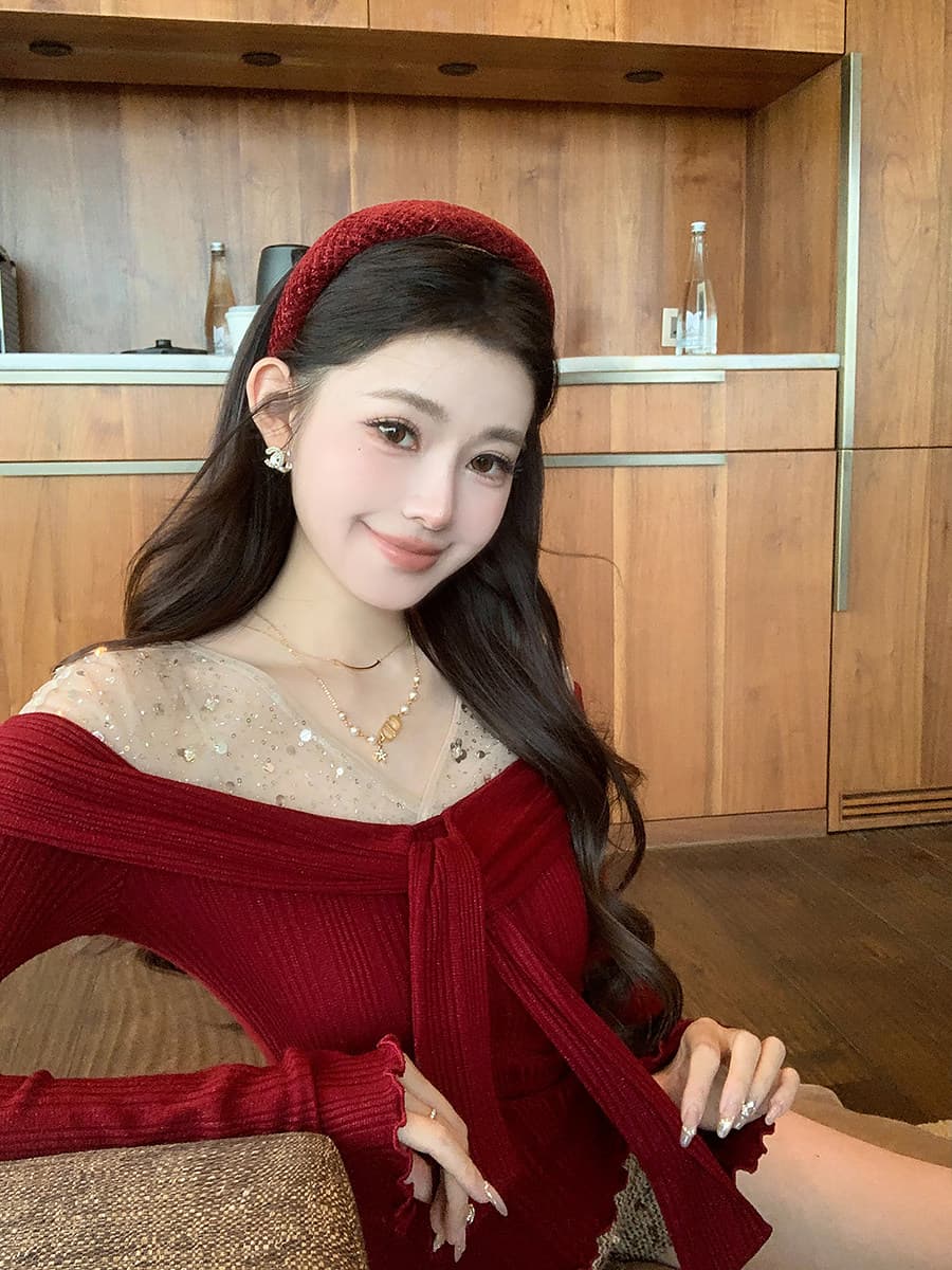 우 하나 한 망사 패치워크 V넥 신년 나팔 소매 니트 스웨터 여성 가을 겨울 품격 몸매 가꾸기 슬림해 보이는 리본 맨위 상세 이미지 11
