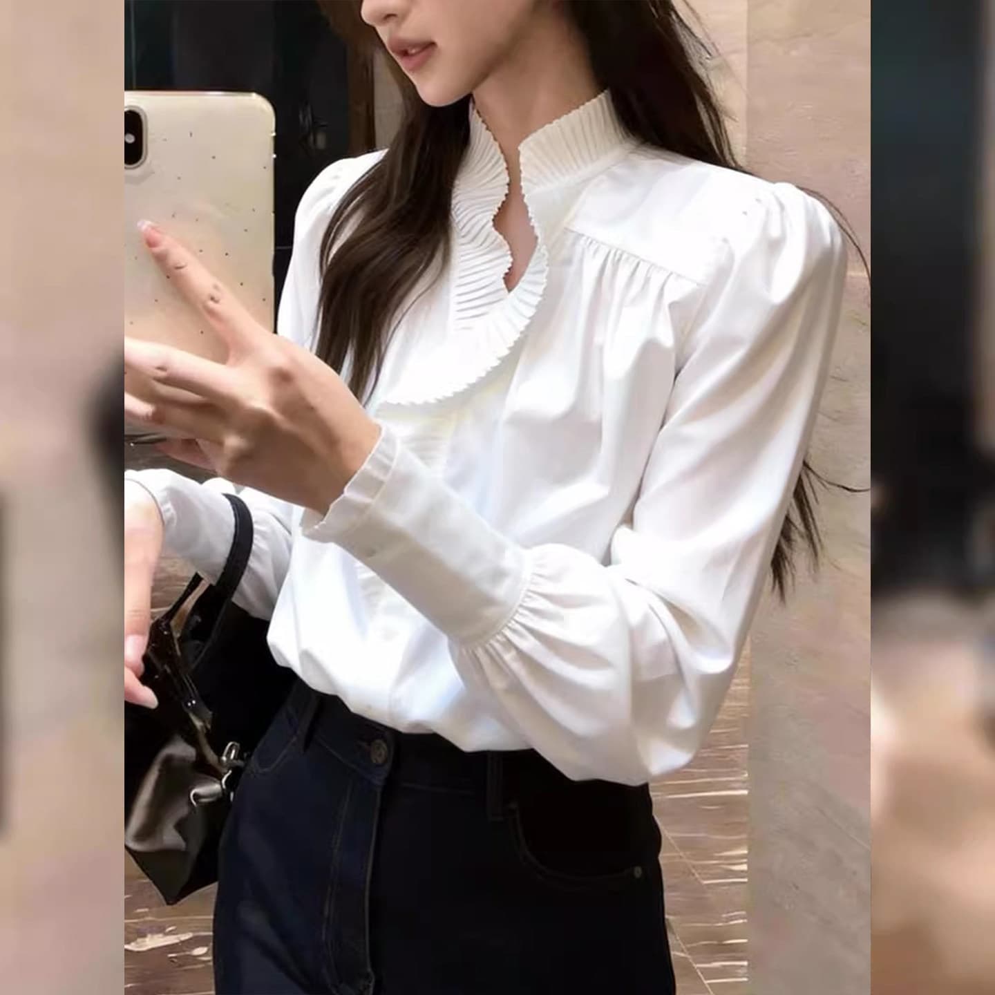프랑스식 주름 레이스 스탠드 칼라 긴팔 여성 셔츠 봄 새로운 고급 센스 캐주얼 루즈핏 슬림해 보이는 외출용 맨위 상세 이미지 4