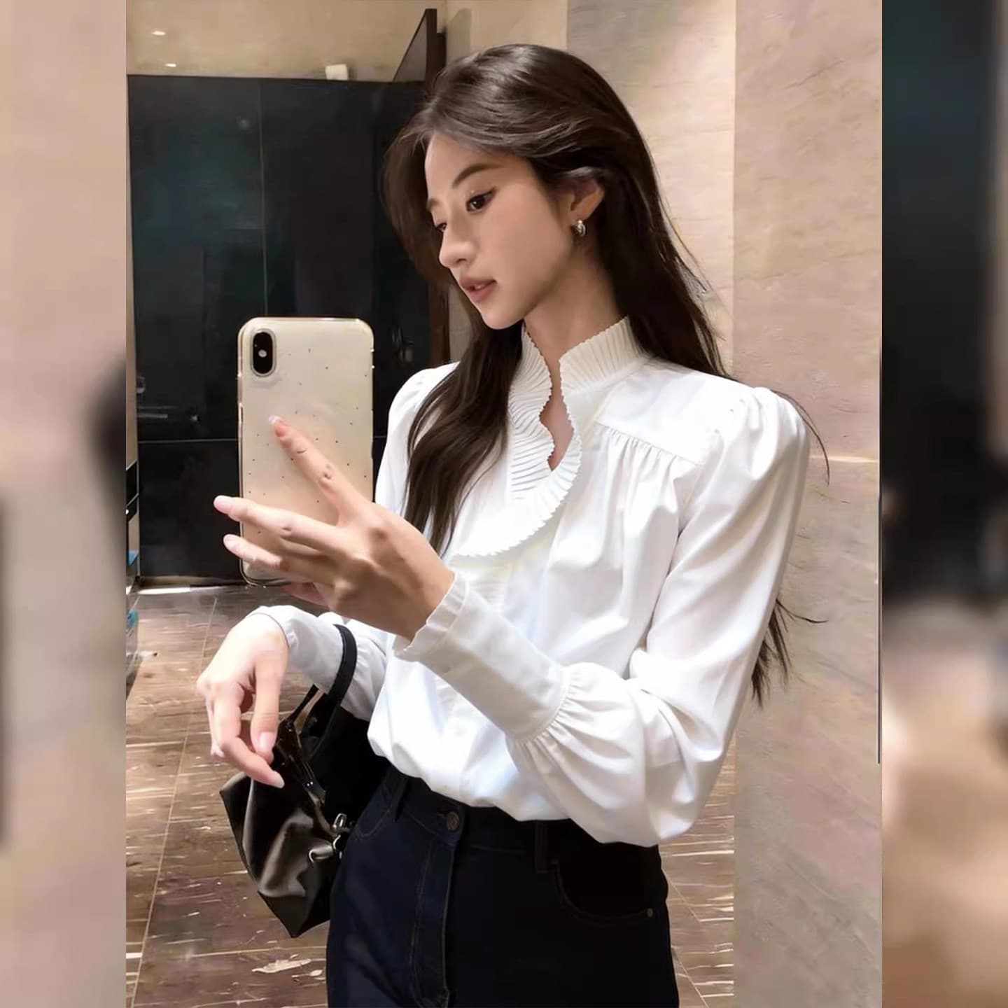 프랑스식 주름 레이스 스탠드 칼라 긴팔 여성 셔츠 봄 새로운 고급 센스 캐주얼 루즈핏 슬림해 보이는 외출용 맨위 상세 이미지 5