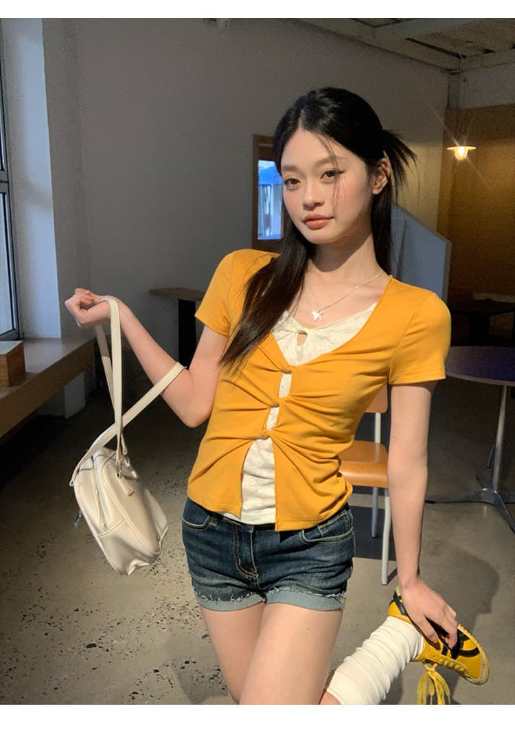 망고 황색 페이크 레이어드 레이스 긍정적 인 어깨 반팔 티셔츠 여성 여름 몸매 가꾸기 슬림해 보이는 아메리칸 핫걸 맨위 이미지 2