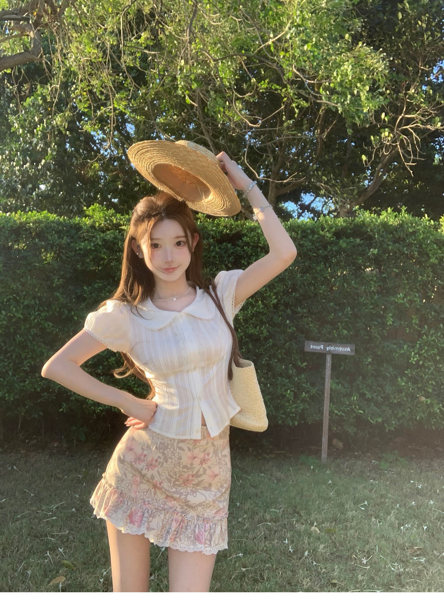 유화 향기로운 분위기 이른 봄 밝은 소녀 센스 면 100% 셔츠 맨위 꽃무늬 반 스커트 세트