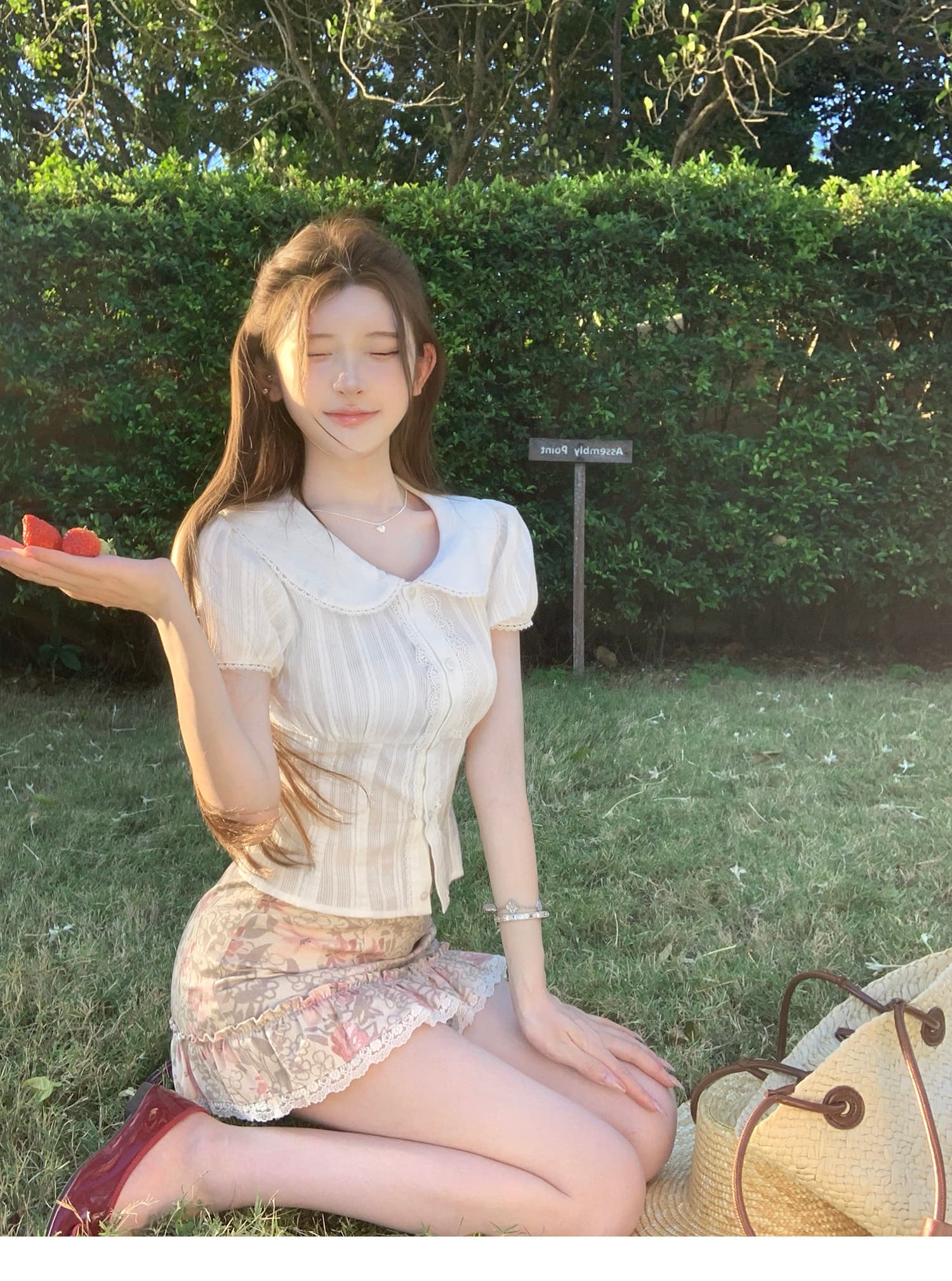 유화 향기로운 분위기 이른 봄 밝은 소녀 센스 면 100% 셔츠 맨위 꽃무늬 반 스커트 세트 상세 이미지 17
