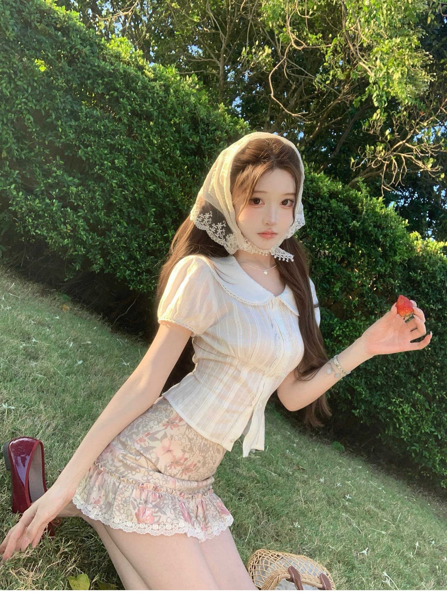 유화 향기로운 분위기 이른 봄 밝은 소녀 센스 면 100% 셔츠 맨위 꽃무늬 반 스커트 세트 상세 이미지 19