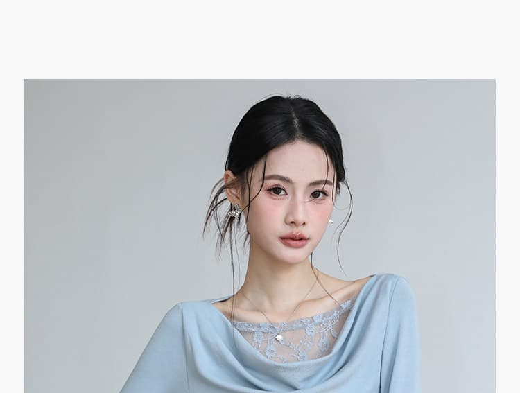 파란색 레이스 조각 오프숄더 흔들다 칼라 티셔츠 여성 이른 봄 디자인 센스 몸매 가꾸기 슬림해 보이는 긴팔 맨위 상세 이미지 29