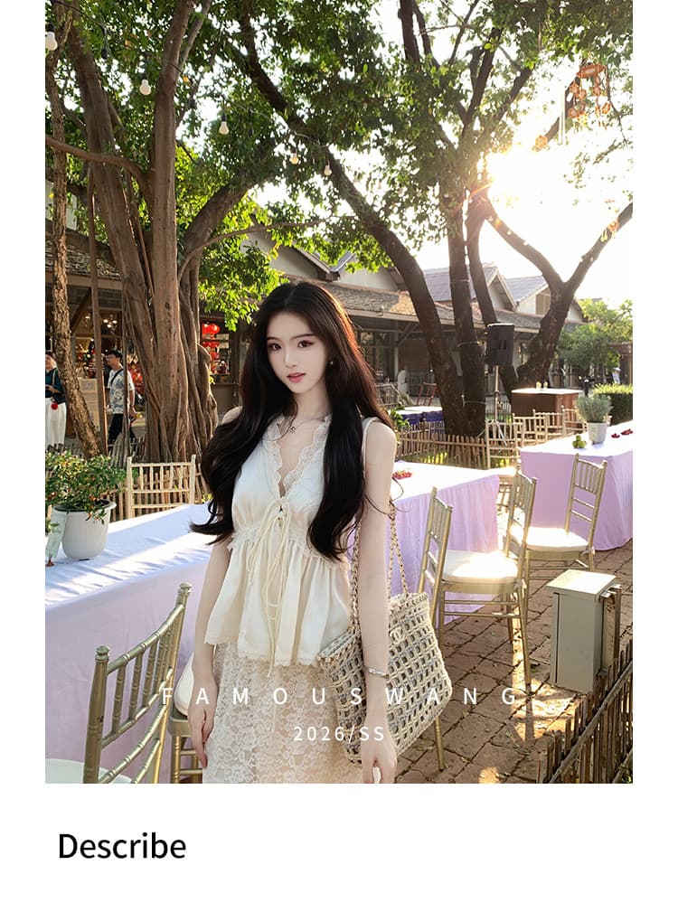 봄 새로운 절묘한 프랑스식 chl0 e 레이스 레이스 V넥 스트랩 새틴 레이스 조끼 상세 이미지 2