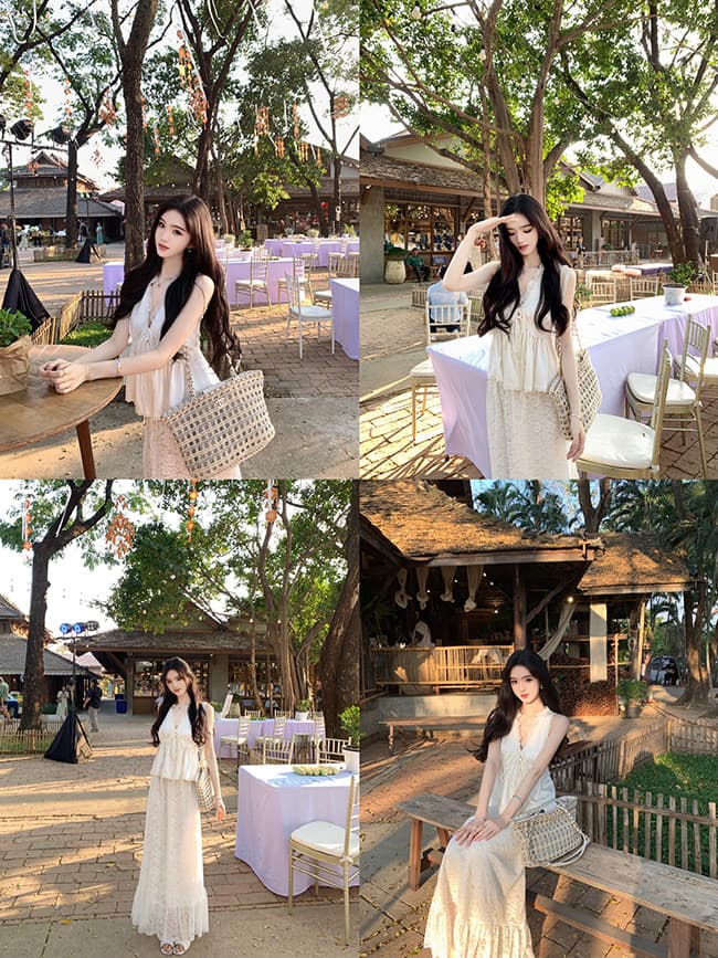 봄 새로운 절묘한 프랑스식 chl0 e 레이스 레이스 V넥 스트랩 새틴 레이스 조끼 상세 이미지 6