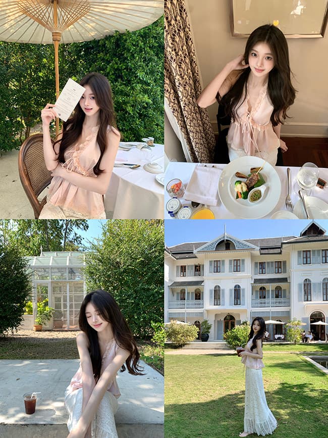 봄 새로운 절묘한 프랑스식 chl0 e 레이스 레이스 V넥 스트랩 새틴 레이스 조끼 상세 이미지 28