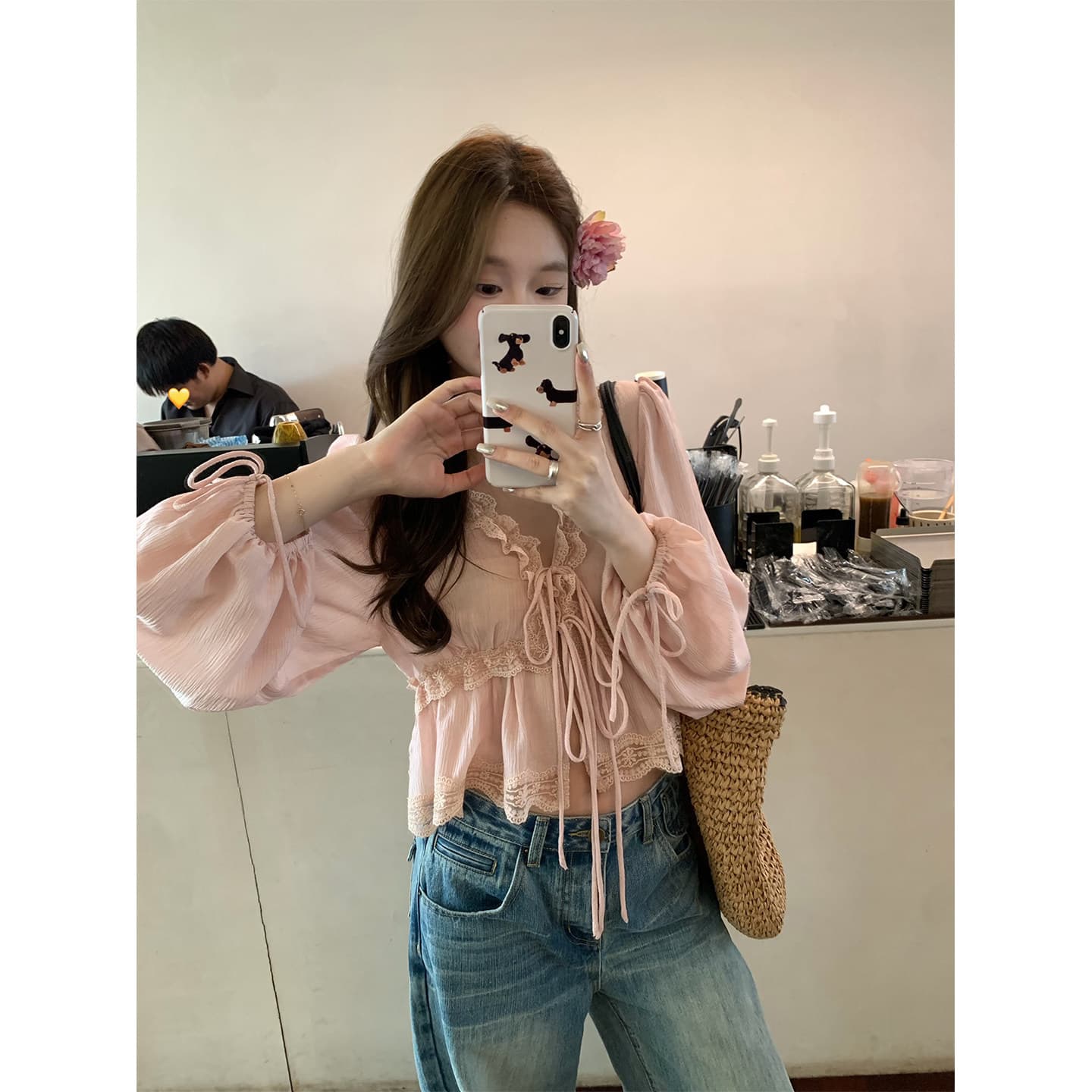 라이 경기 서울 혼방 질감 센스 벌룬 소매 맨위 여성 얇고 가벼운 통기성 레이스 작은 셔츠 이미지 3