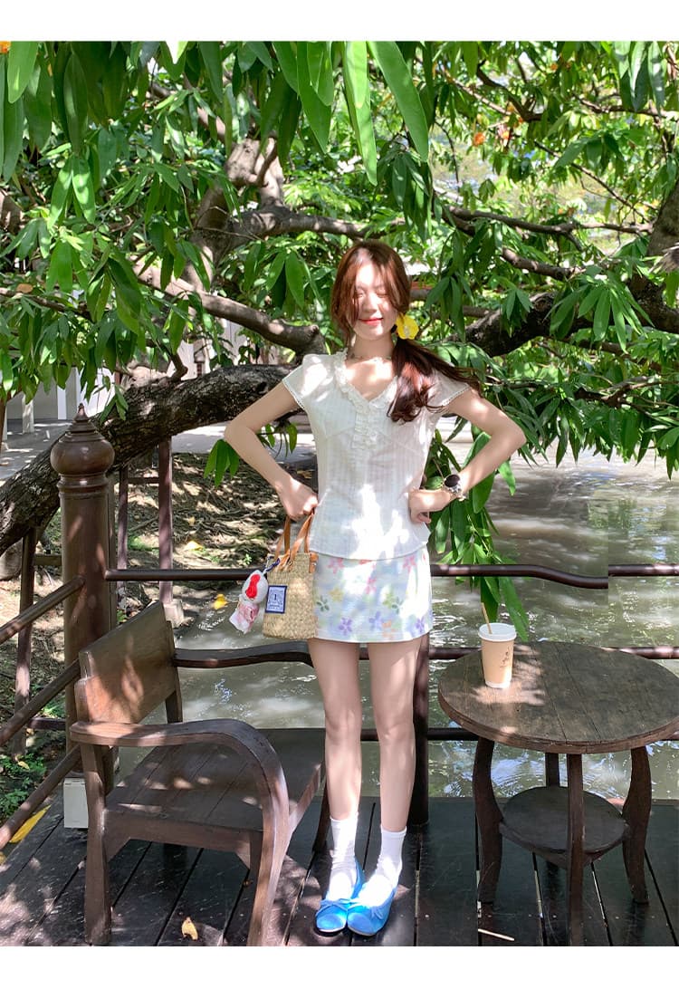 엘프 작은 셔츠 나만의 것을 가져와 라. 요정 가스 세트 염색 꽃무늬 꽃무늬 레이스업 작은 셔츠 투피스 세트 신제품 상세 이미지 27
