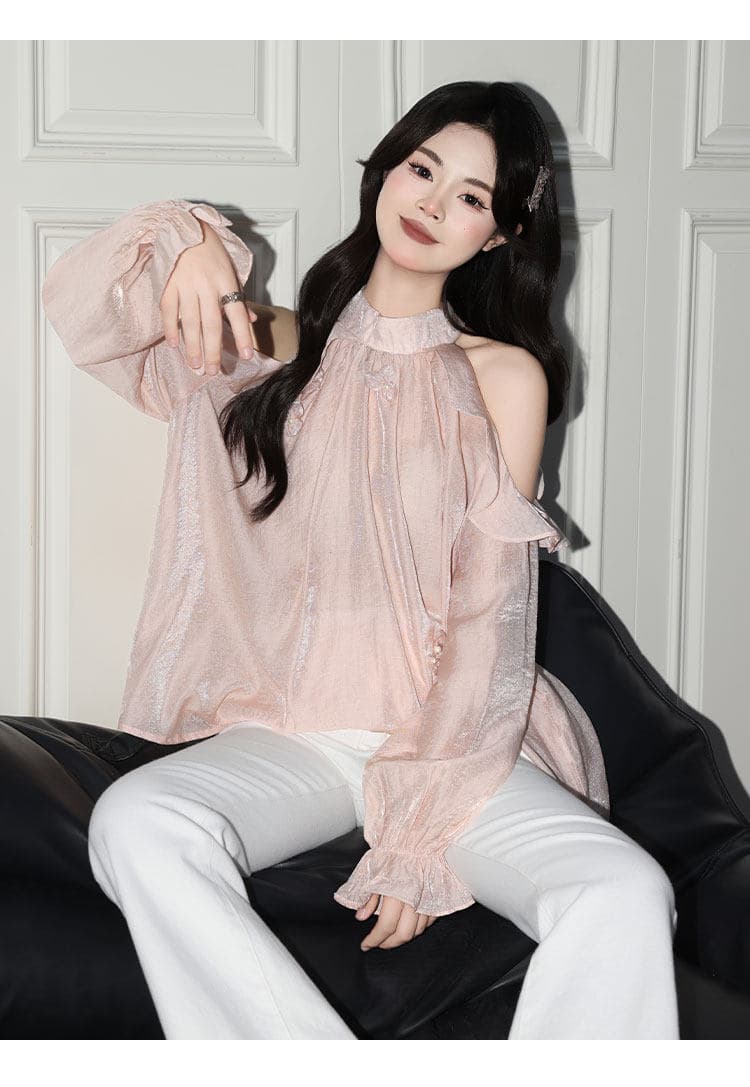 부드러운 ins 핑크색 행침 목 긴팔 쉬폰 여성 셔츠 프릴 오프숄더 작은 셔츠 품격 맨위 이미지 2