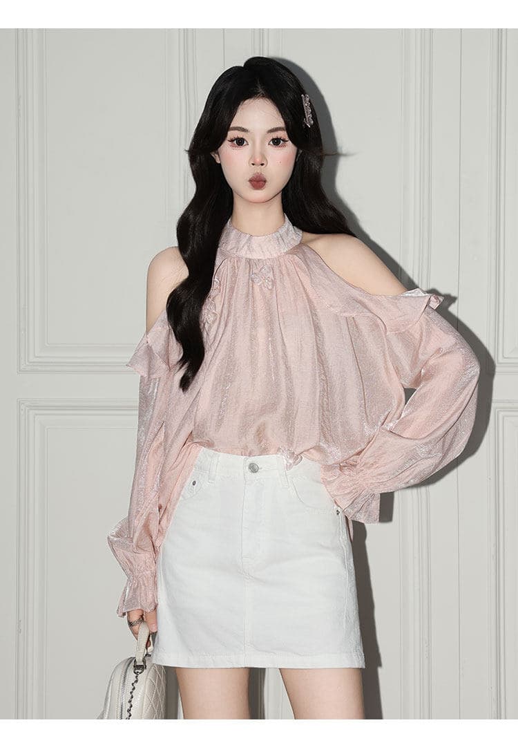 부드러운 ins 핑크색 행침 목 긴팔 쉬폰 여성 셔츠 프릴 오프숄더 작은 셔츠 품격 맨위 이미지 3