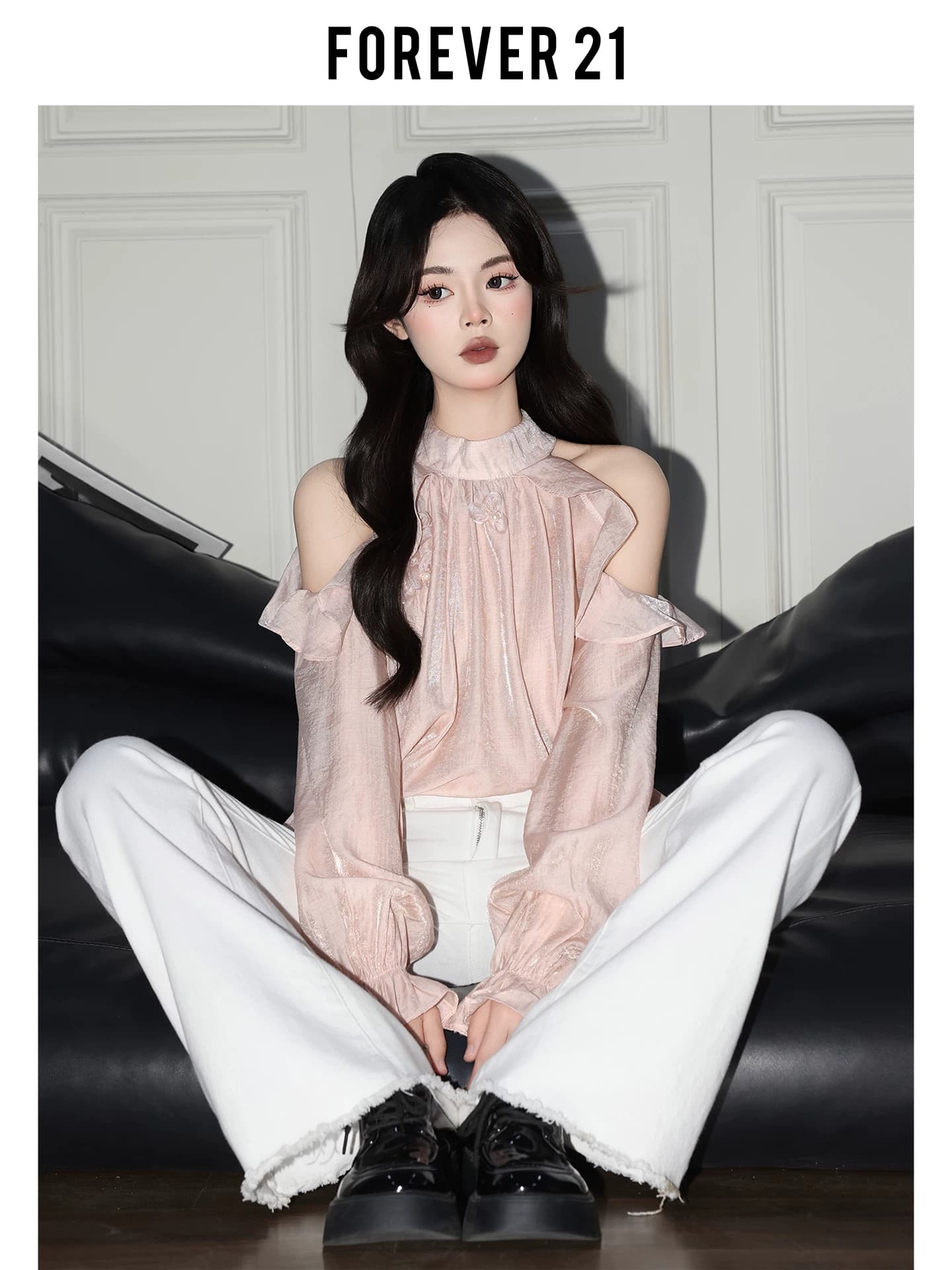 부드러운 ins 핑크색 행침 목 긴팔 쉬폰 여성 셔츠 프릴 오프숄더 작은 셔츠 품격 맨위 상세 이미지 1