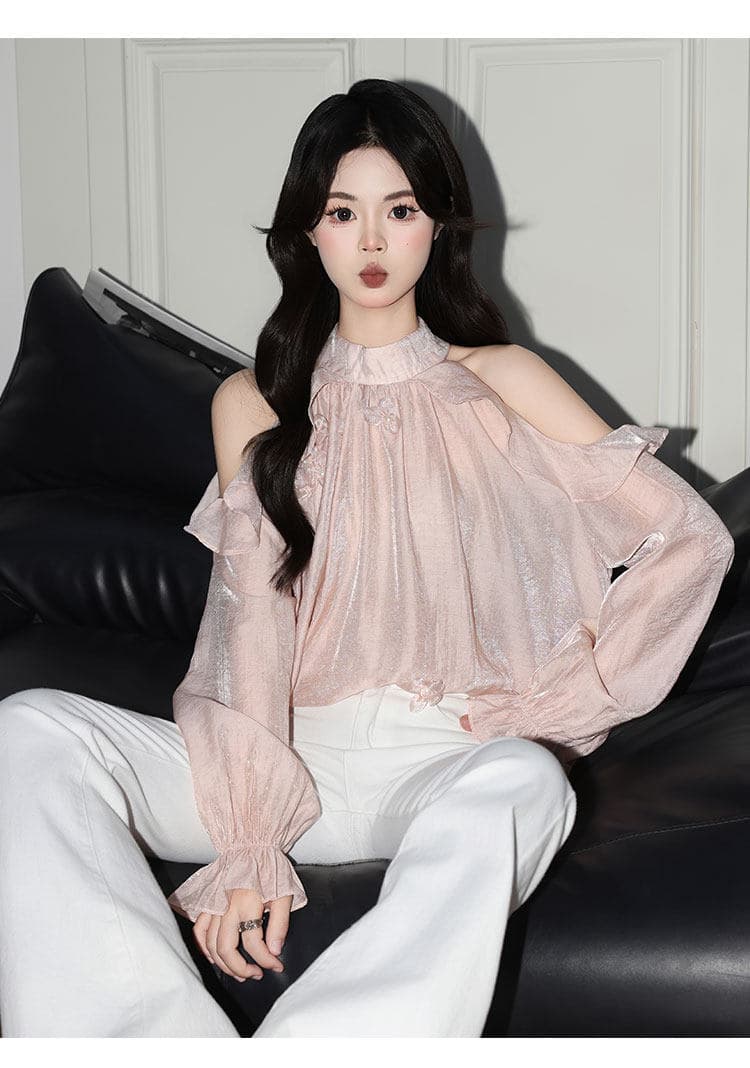 부드러운 ins 핑크색 행침 목 긴팔 쉬폰 여성 셔츠 프릴 오프숄더 작은 셔츠 품격 맨위 상세 이미지 5