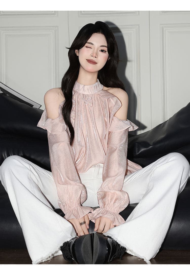 부드러운 ins 핑크색 행침 목 긴팔 쉬폰 여성 셔츠 프릴 오프숄더 작은 셔츠 품격 맨위 상세 이미지 11