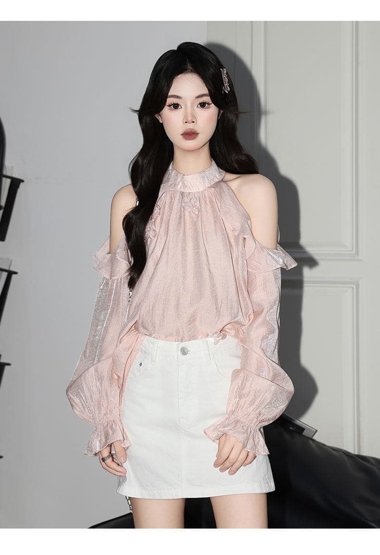 부드러운 ins 핑크색 행침 목 긴팔 쉬폰 여성 셔츠 프릴 오프숄더 작은 셔츠 품격 맨위 상세 이미지 15
