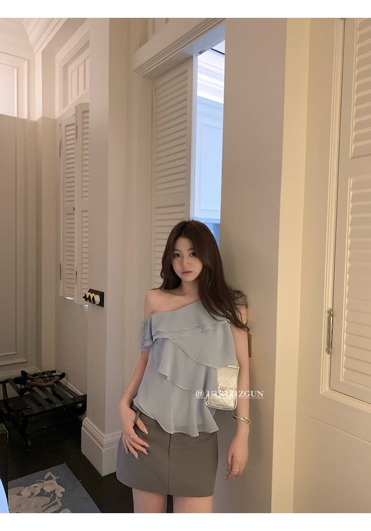jue 아름다움 작은 똑똑한 감기 센스 부드럽게 수준 프릴 비스듬한 어깨 의류 상세 이미지 37