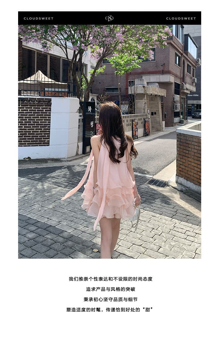 릴리 오브 더 밸리 여름 머리말 분위기 센스 핑크색 행침 목 드레스 민소매 쇼트 스타일 케이크 드레스 상세 이미지 2