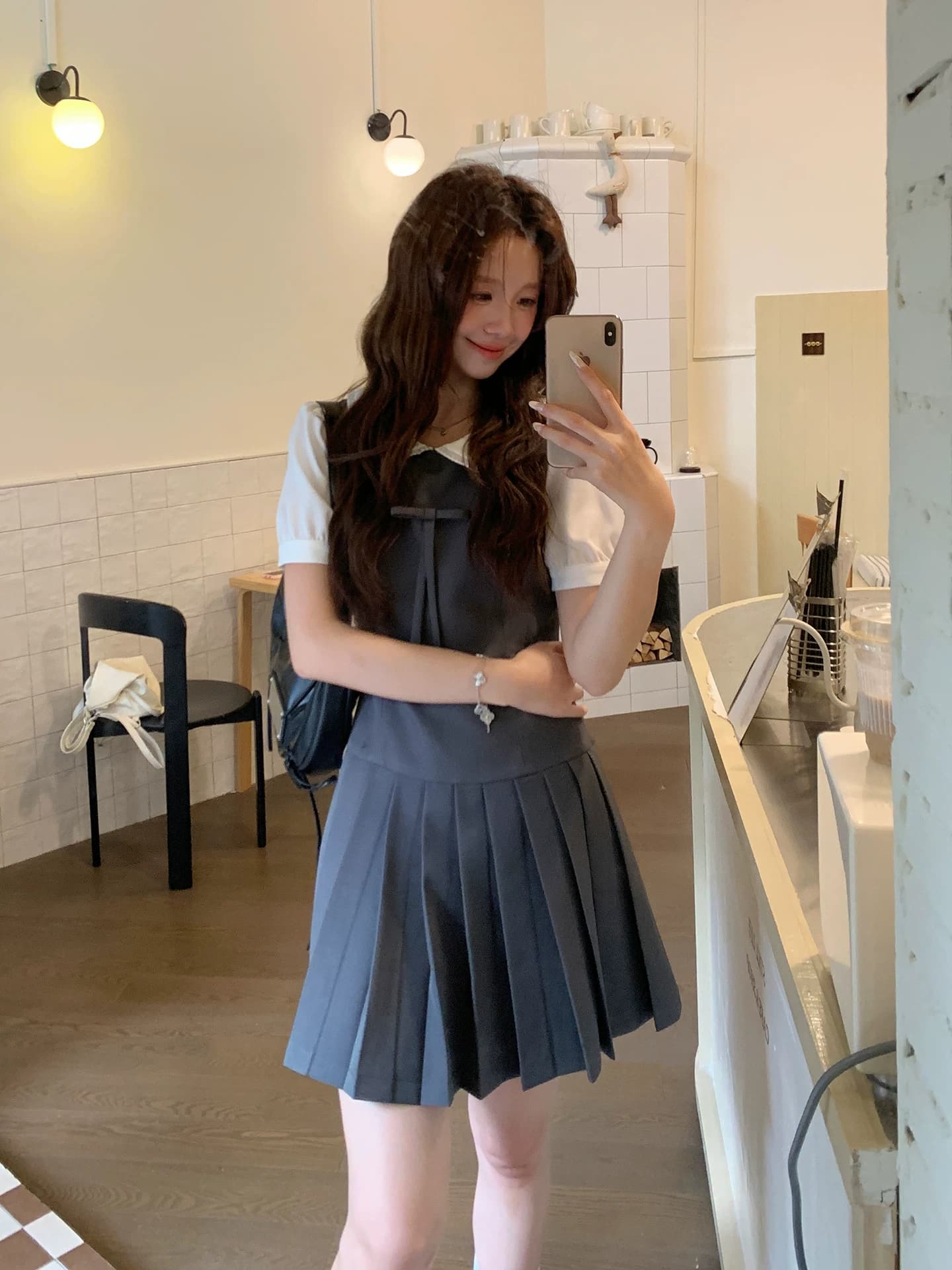 even 하나 원자바오 m1u 부서 작은 乖離 한 부서 높음 지혜 센스 페이크 레이어드 드레스 플리츠 허리 수축 연령 감소 미니 스커트 이미지 4