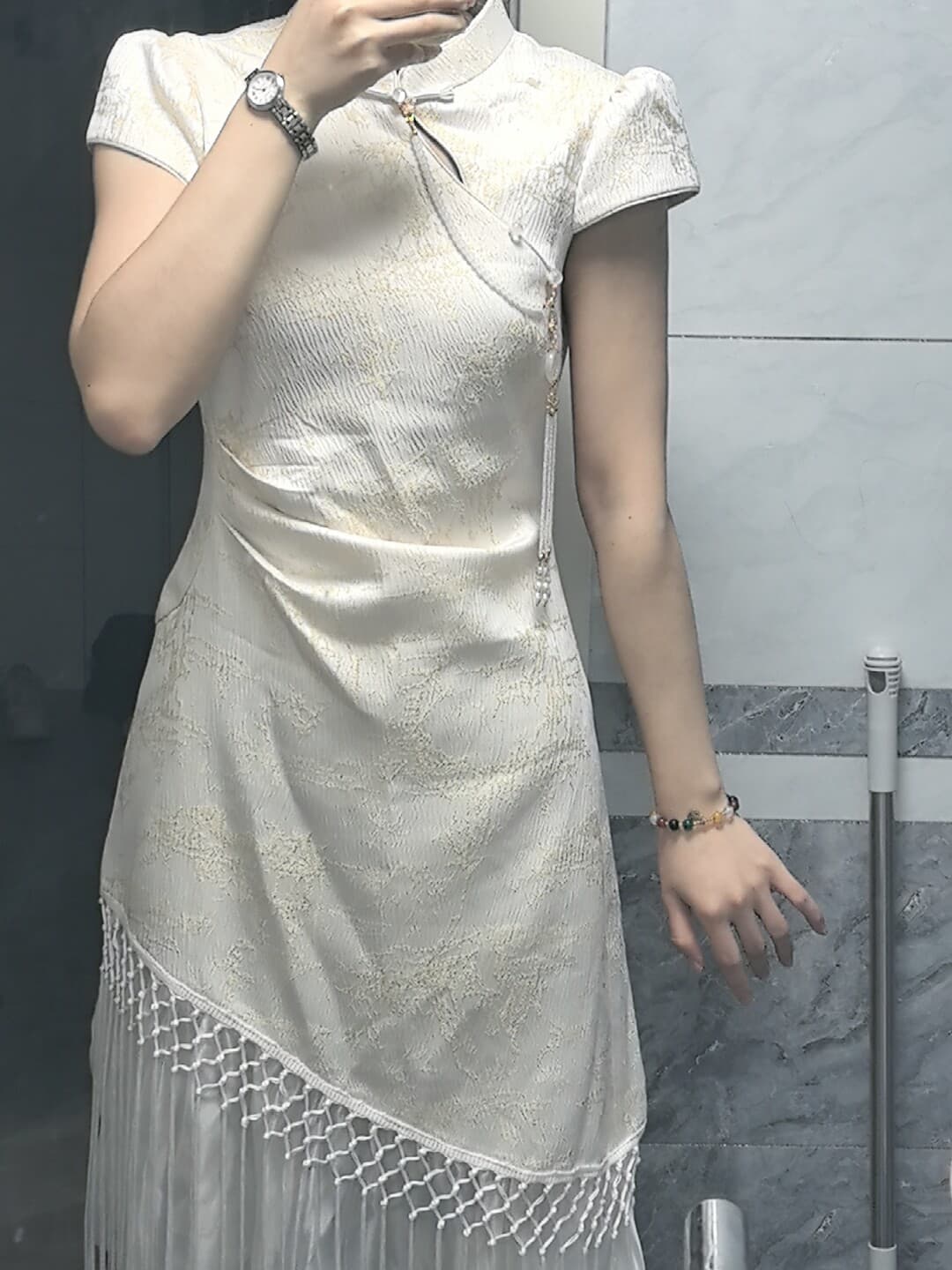 blovelan 화이트 자작 나무 숲의 방 국풍 품격 몸매 가꾸기 새로운 중식 술 패치워크 자카드 허리 수축 치파오 롱 스커트 상세 이미지 4