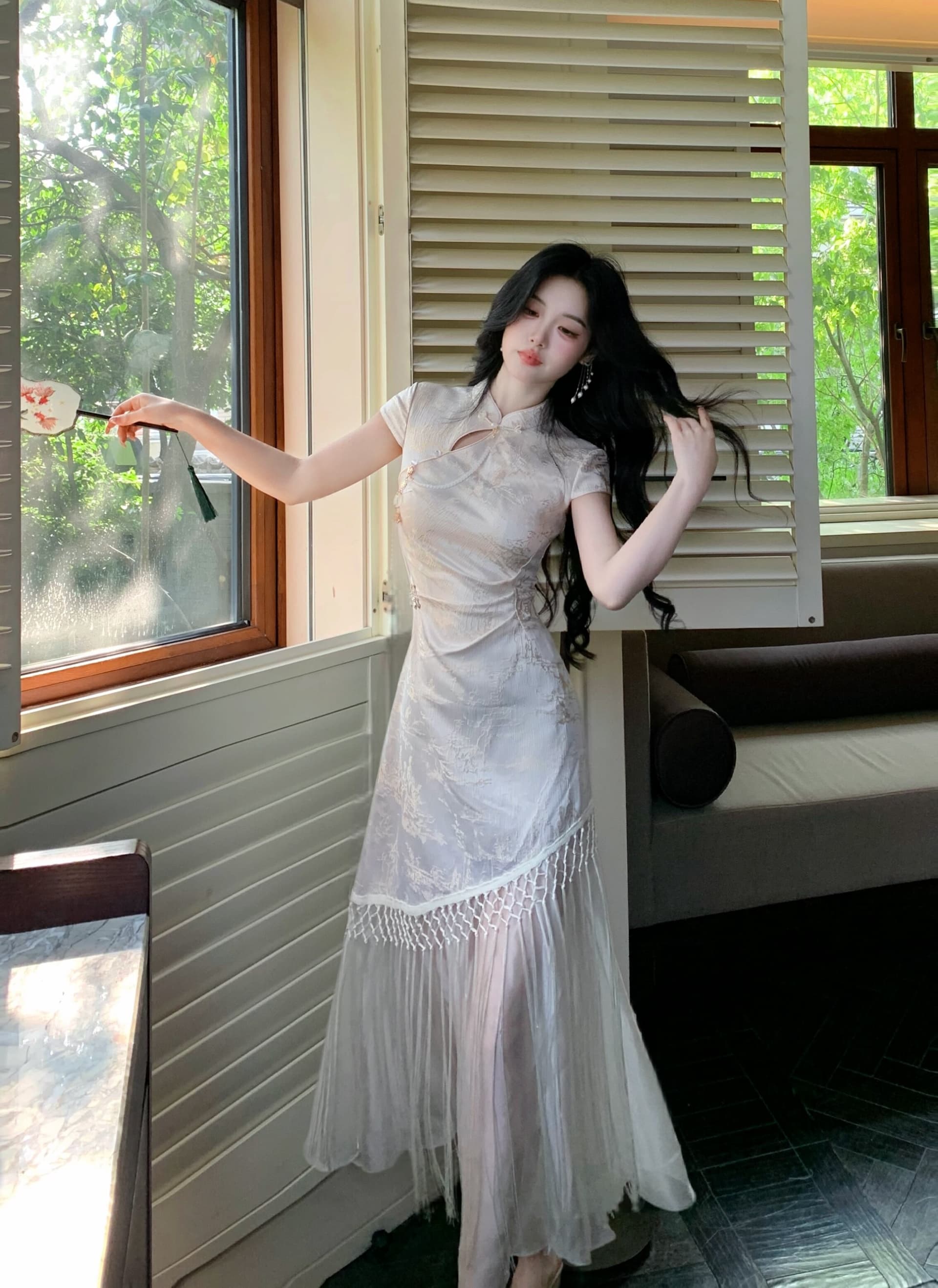 blovelan 화이트 자작 나무 숲의 방 국풍 품격 몸매 가꾸기 새로운 중식 술 패치워크 자카드 허리 수축 치파오 롱 스커트 상세 이미지 17