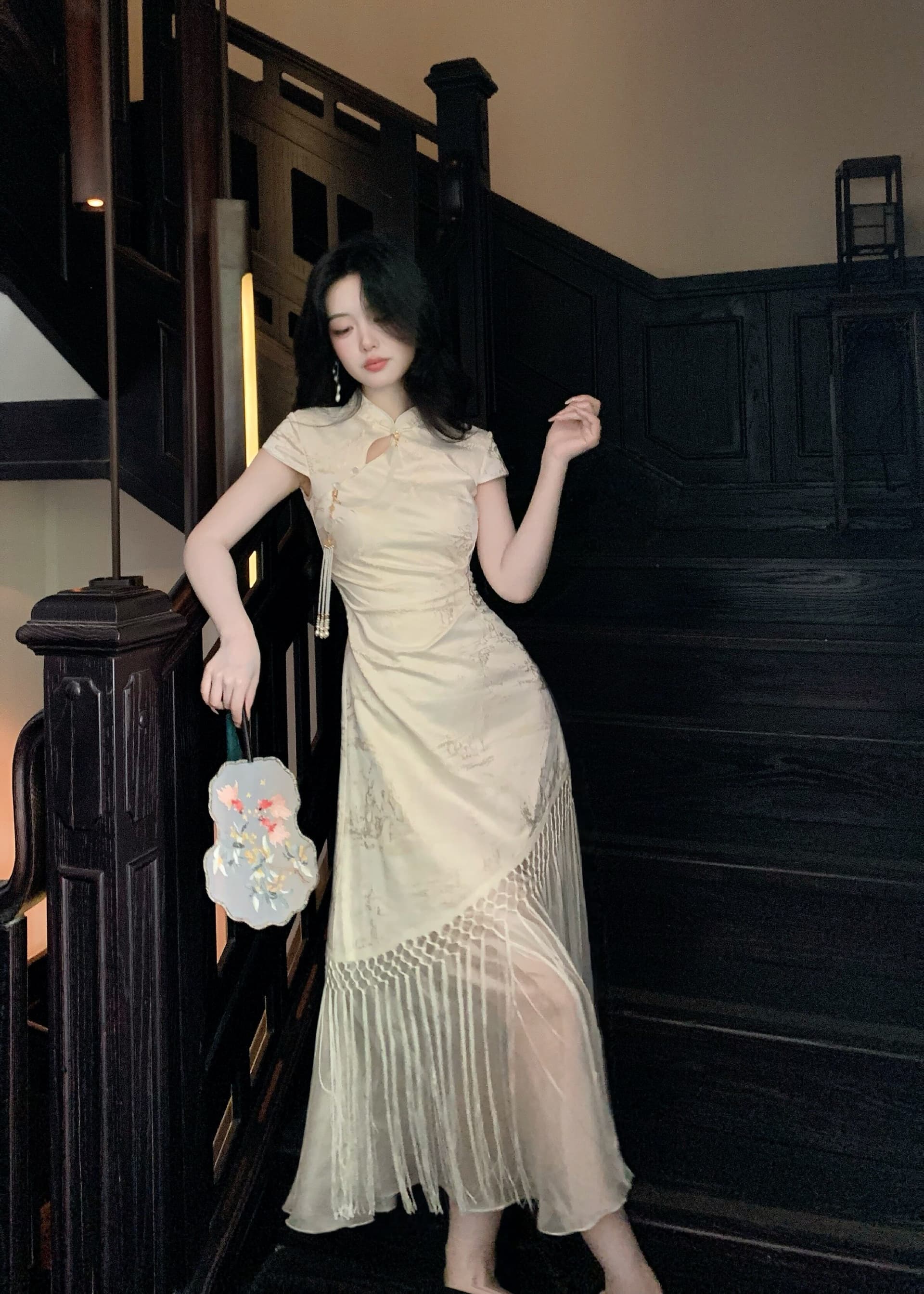 blovelan 화이트 자작 나무 숲의 방 국풍 품격 몸매 가꾸기 새로운 중식 술 패치워크 자카드 허리 수축 치파오 롱 스커트 상세 이미지 25