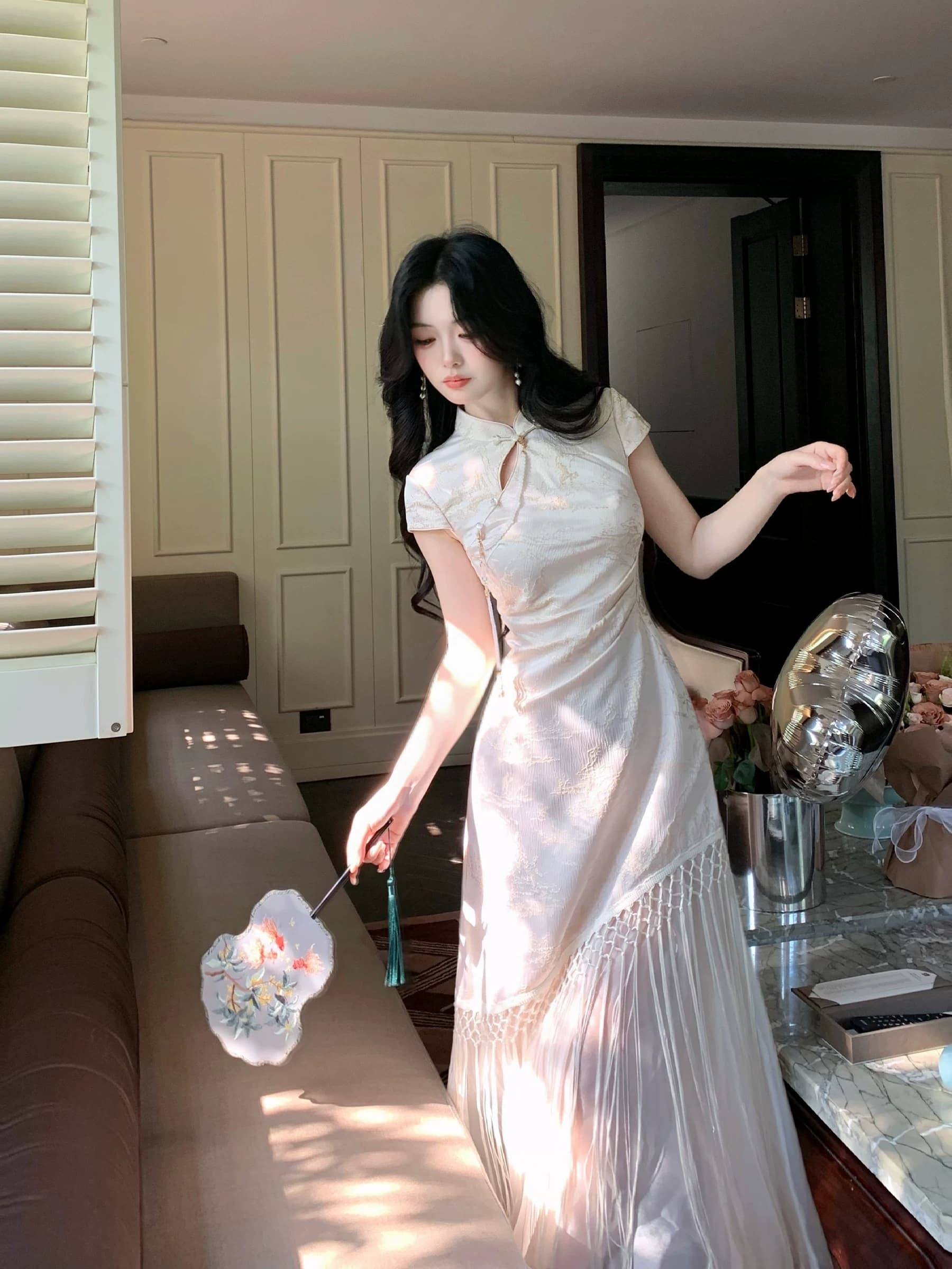 blovelan 화이트 자작 나무 숲의 방 국풍 품격 몸매 가꾸기 새로운 중식 술 패치워크 자카드 허리 수축 치파오 롱 스커트 상세 이미지 42