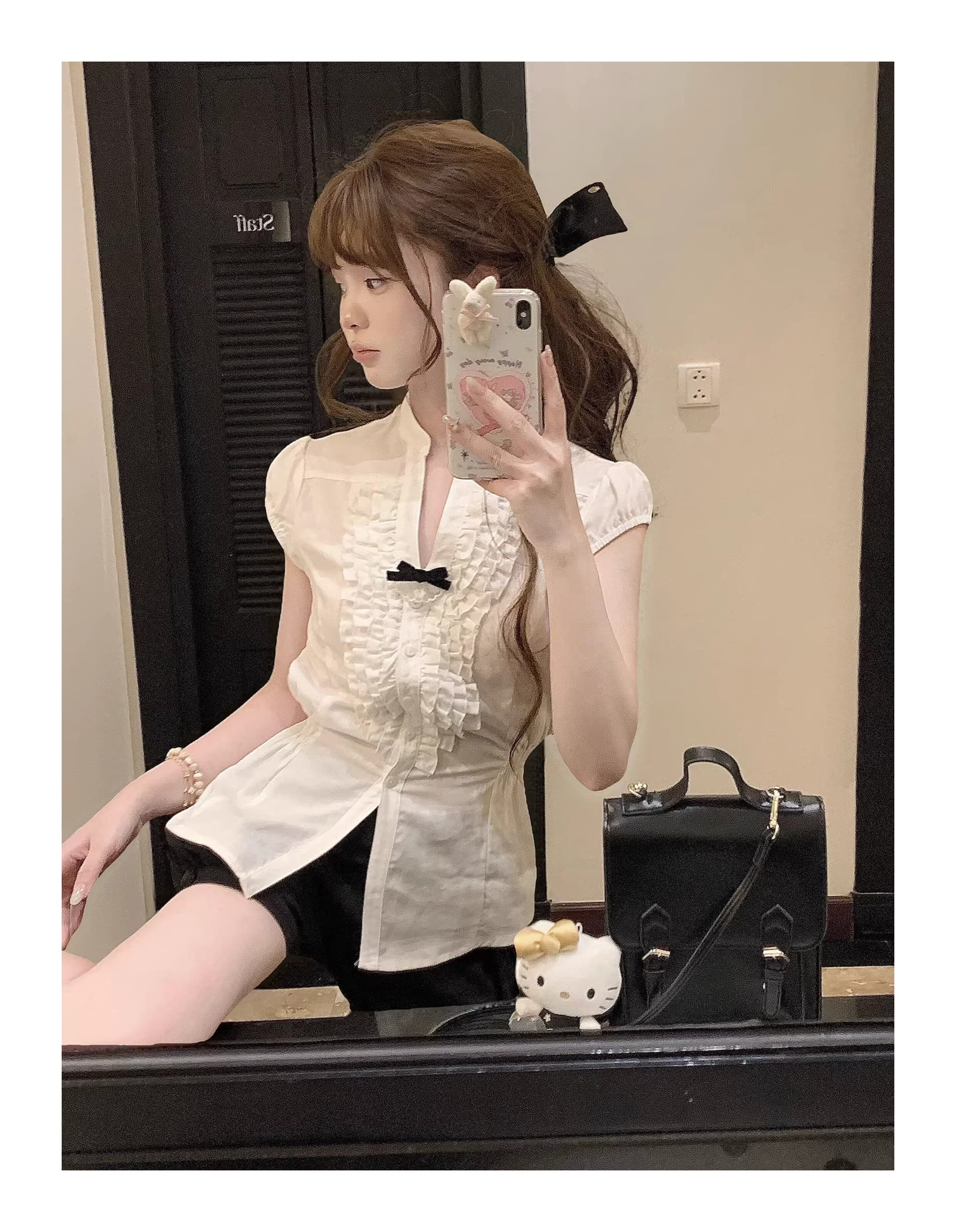 doll 오리지널 뒤집어엎다 뿔 허리 소녀 100 라이 경기 서울 통기성 차가운 센스 나비 매듭 V넥 반팔 셔츠 이미지 4