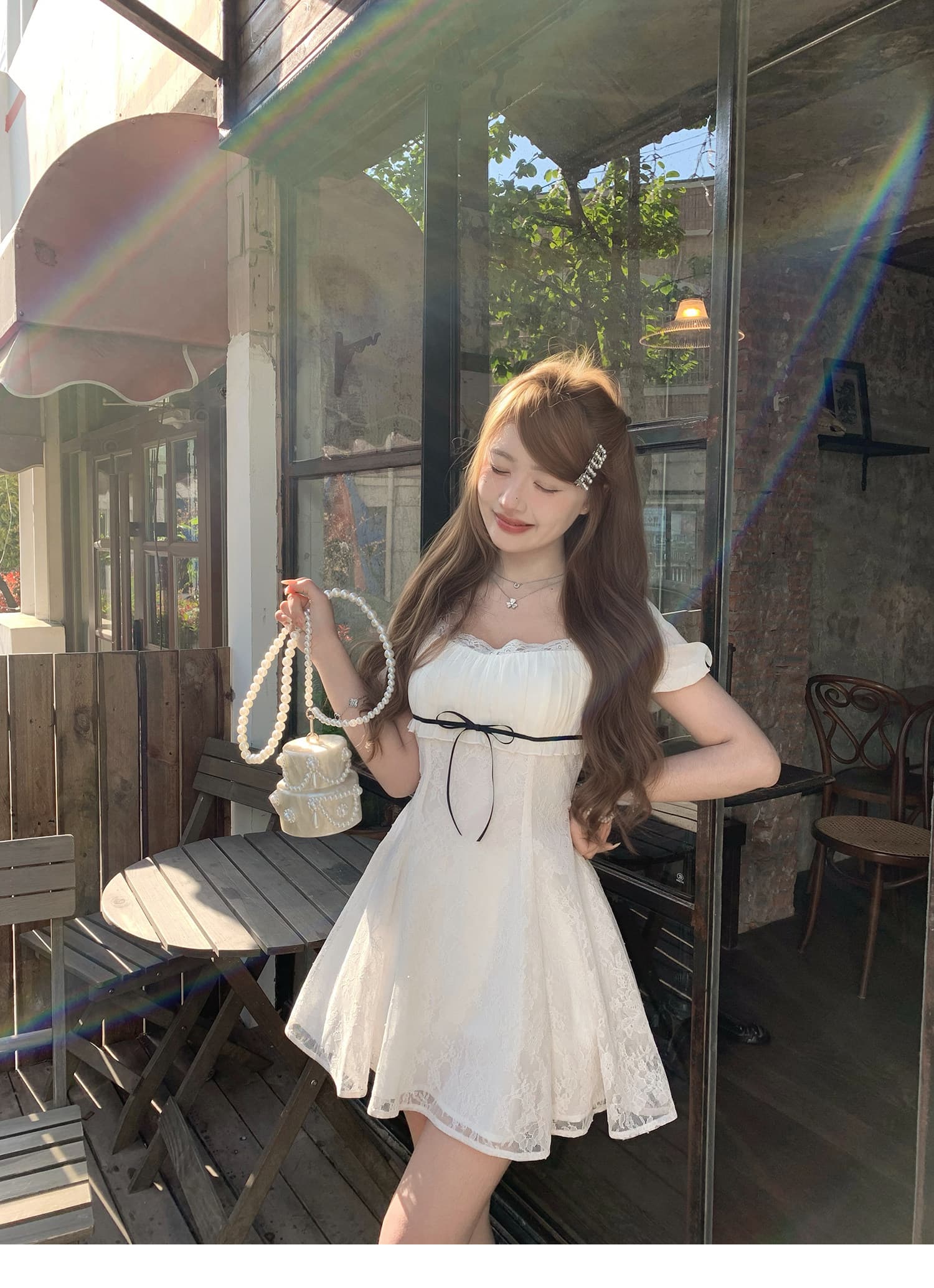 q 여자 집 신제품 9 접기 달콤한 살구 아이스 티 더블 버전 천 골드 센스 레이스 반팔 맨위 점프 슈트 치마 세트 상세 이미지 26