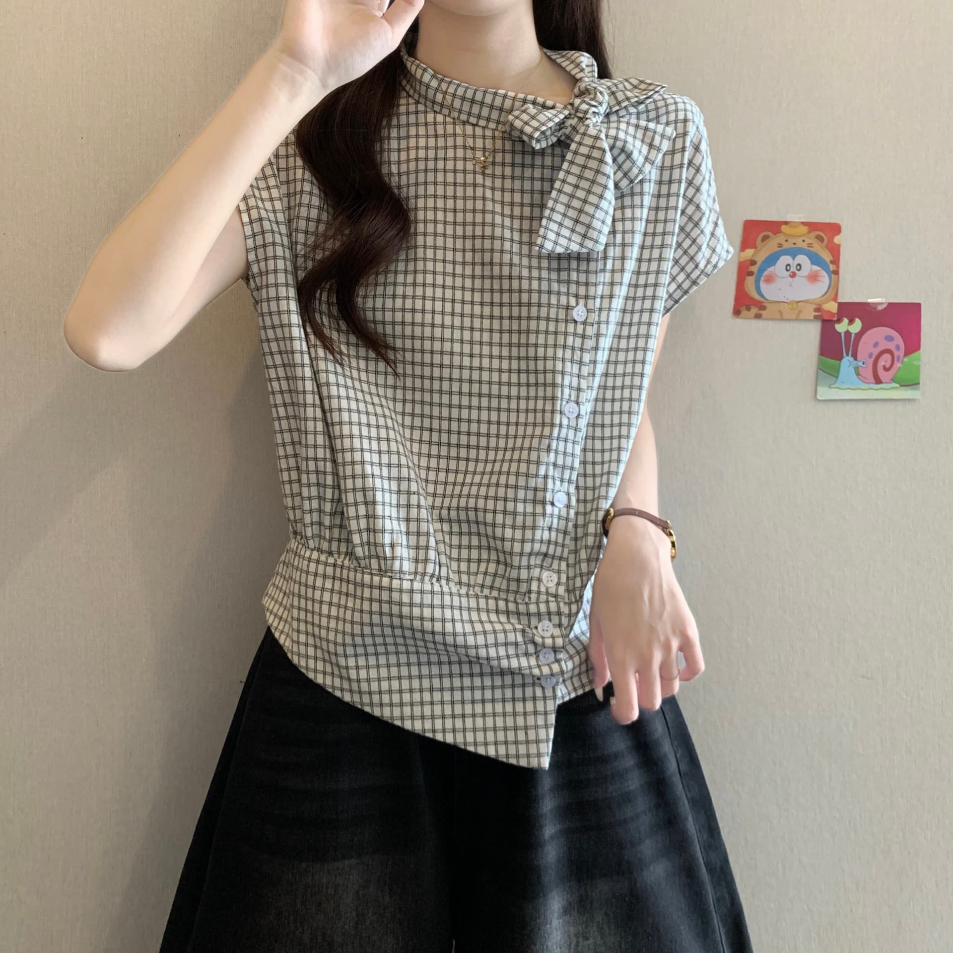 프랑스식 자이언트 잘 생긴 ~ 중 체크무늬 레이스업 꼬집기 허리 위로 의류 여성 2026 여름 새로운 반팔 작은 셔츠 디자인 센스 작은 대중 이미지 4
