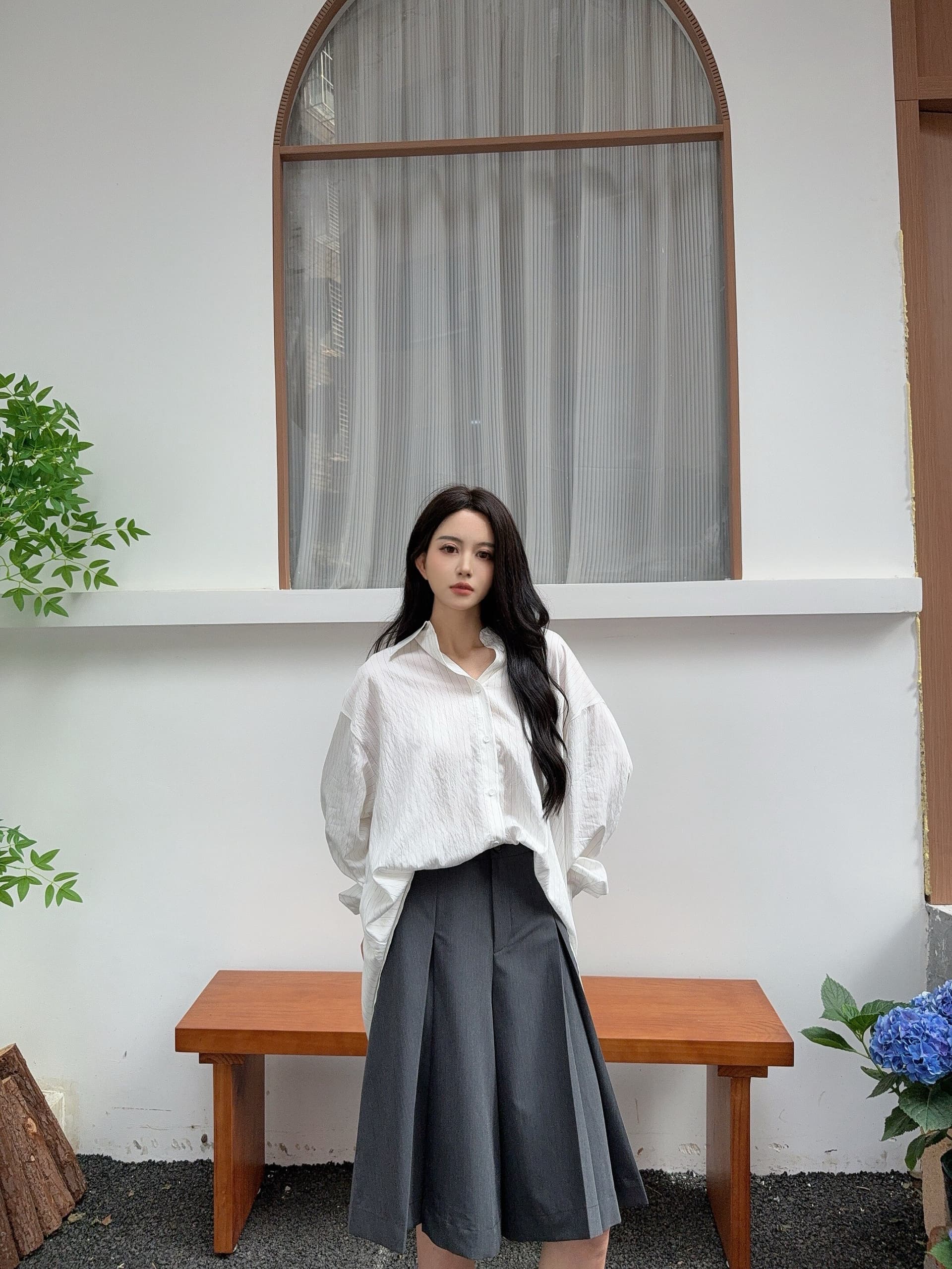 jccc 그림자 평행선 화이트 스트라이프 패치워크 레이스 디자인 루즈핏 긴팔 폴로 칼라 셔츠 자외선 차단 의류 상세 이미지 2