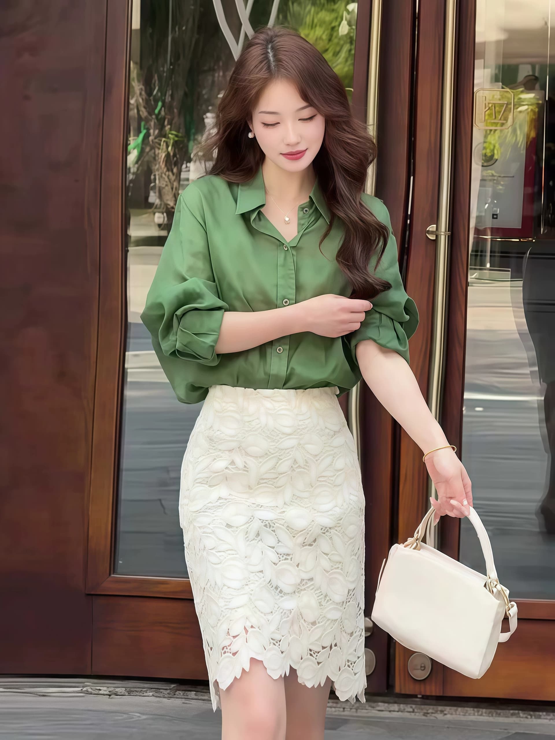 폴로 칼라 긴팔 자외선 차단 셔츠 레이스 반신 스커트 2026 여름 새로운 프랑스식 품격 레트로 스타일 세트 여성 상세 이미지 1