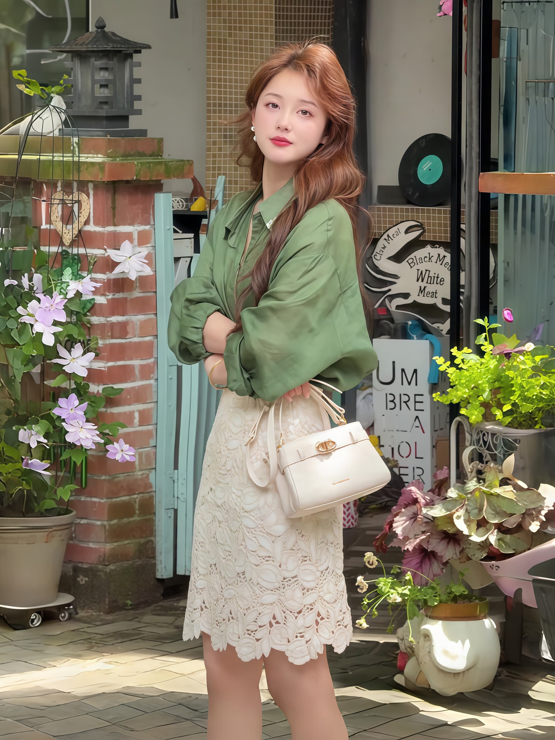 폴로 칼라 긴팔 자외선 차단 셔츠 레이스 반신 스커트 2026 여름 새로운 프랑스식 품격 레트로 스타일 세트 여성 상세 이미지 7