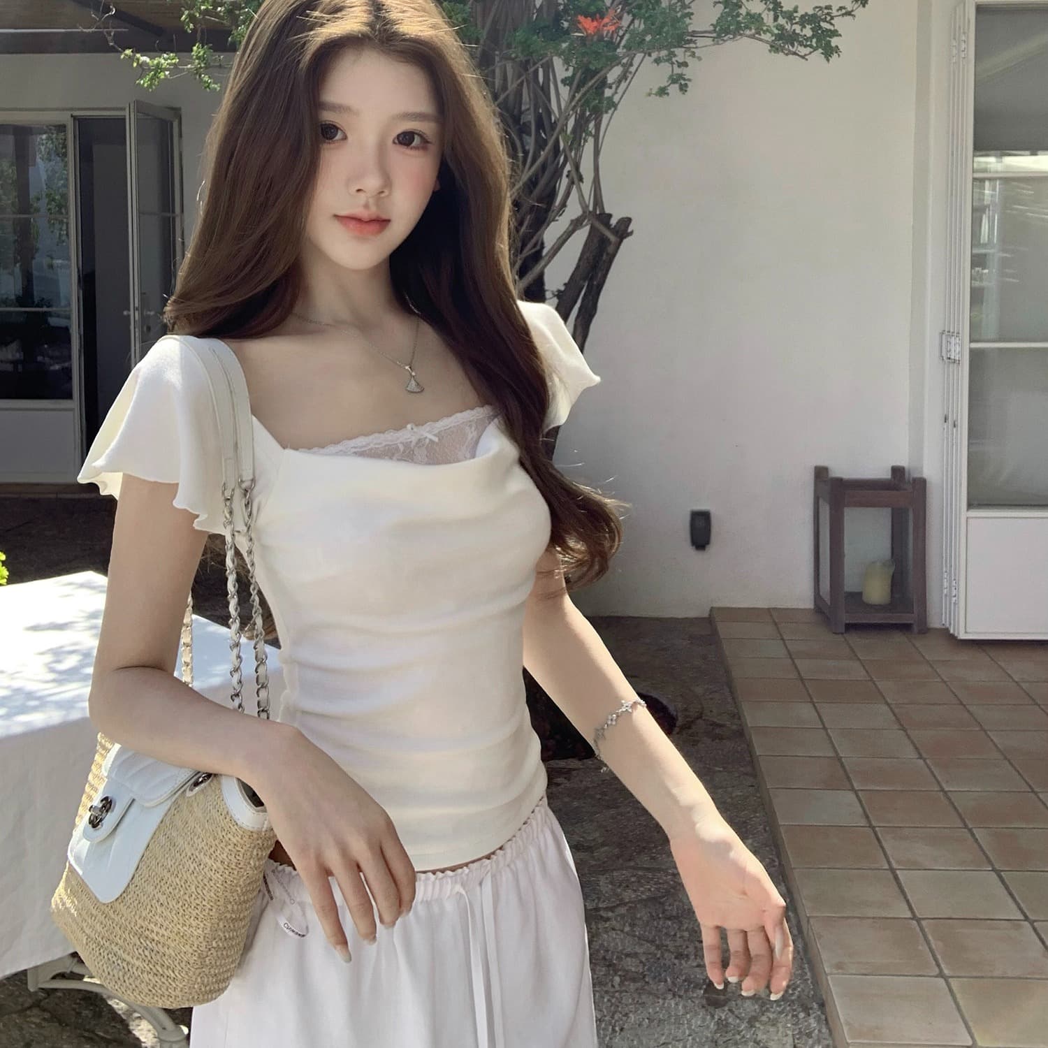 q 여자 집 신제품 9 접기 설탕 큐브 레이스 부드러운 작은 흰색 꽃 흔들다 칼라 주간 실크 모달 반팔 티셔츠 이미지 5