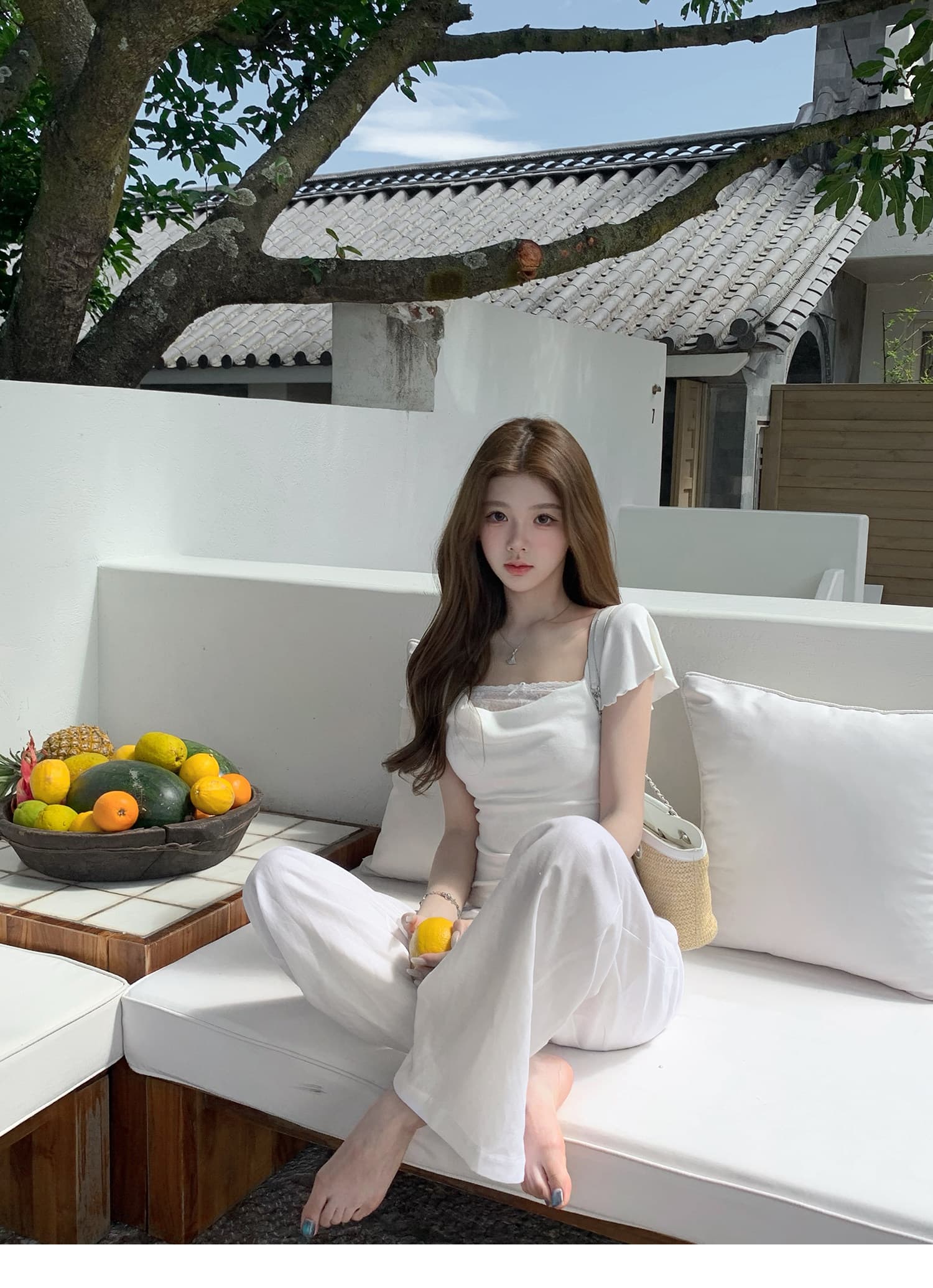 q 여자 집 신제품 9 접기 설탕 큐브 레이스 부드러운 작은 흰색 꽃 흔들다 칼라 주간 실크 모달 반팔 티셔츠 상세 이미지 2