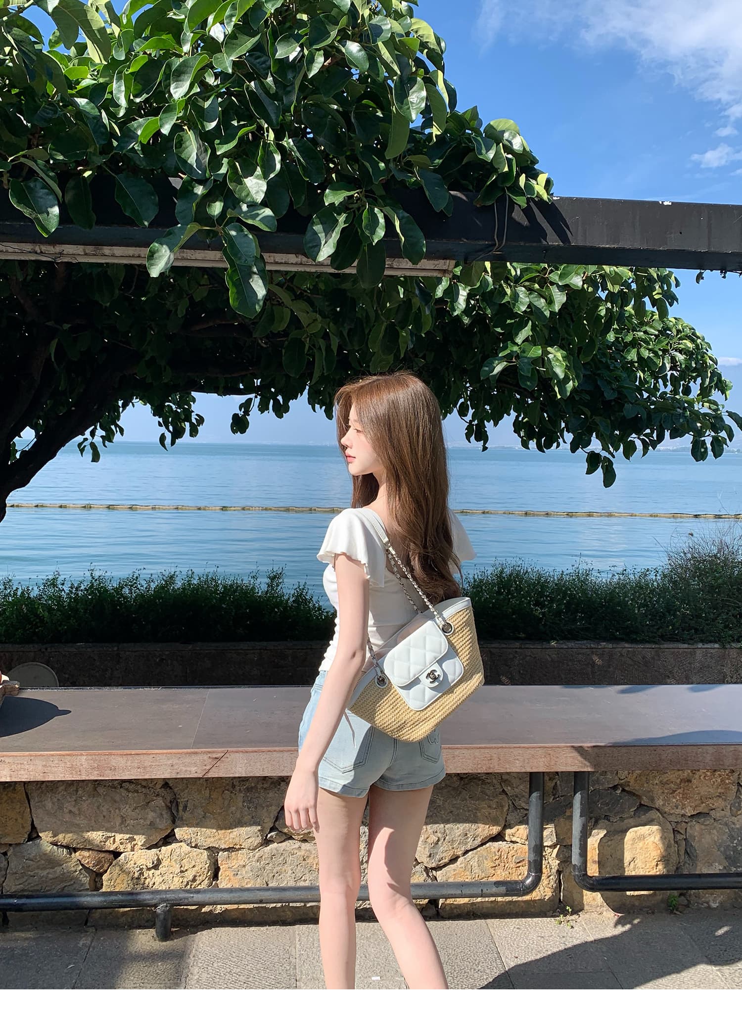 q 여자 집 신제품 9 접기 설탕 큐브 레이스 부드러운 작은 흰색 꽃 흔들다 칼라 주간 실크 모달 반팔 티셔츠 상세 이미지 17