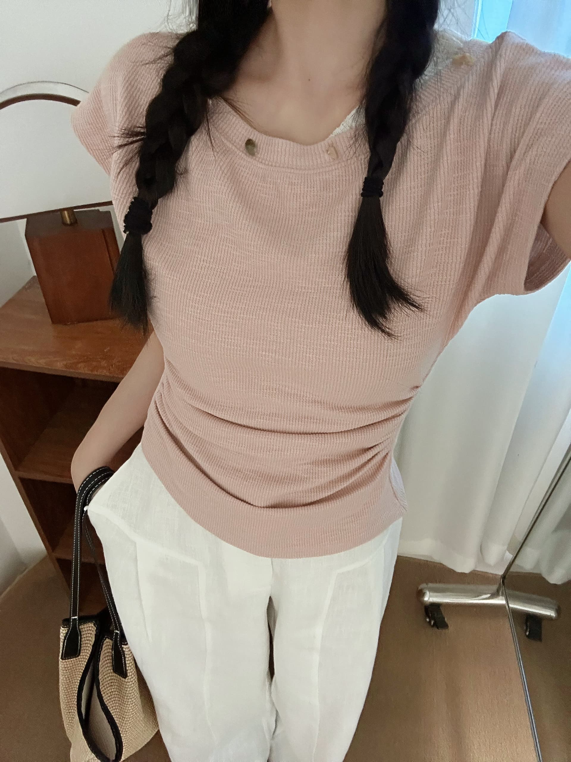 빛 사람들 높음 지혜 센스 한 부서 부드러운 배색 비즈 박기 반팔 티셔츠 여성 Chic 슬림해 보이는 꼬집기 허리 작은 셔츠 이미지 3