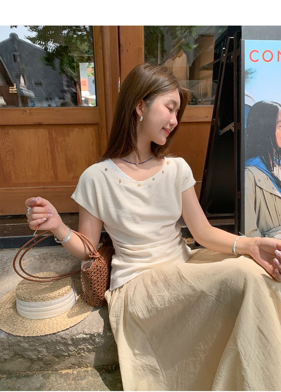 빛 사람들 높음 지혜 센스 한 부서 부드러운 배색 비즈 박기 반팔 티셔츠 여성 Chic 슬림해 보이는 꼬집기 허리 작은 셔츠 상세 이미지 34
