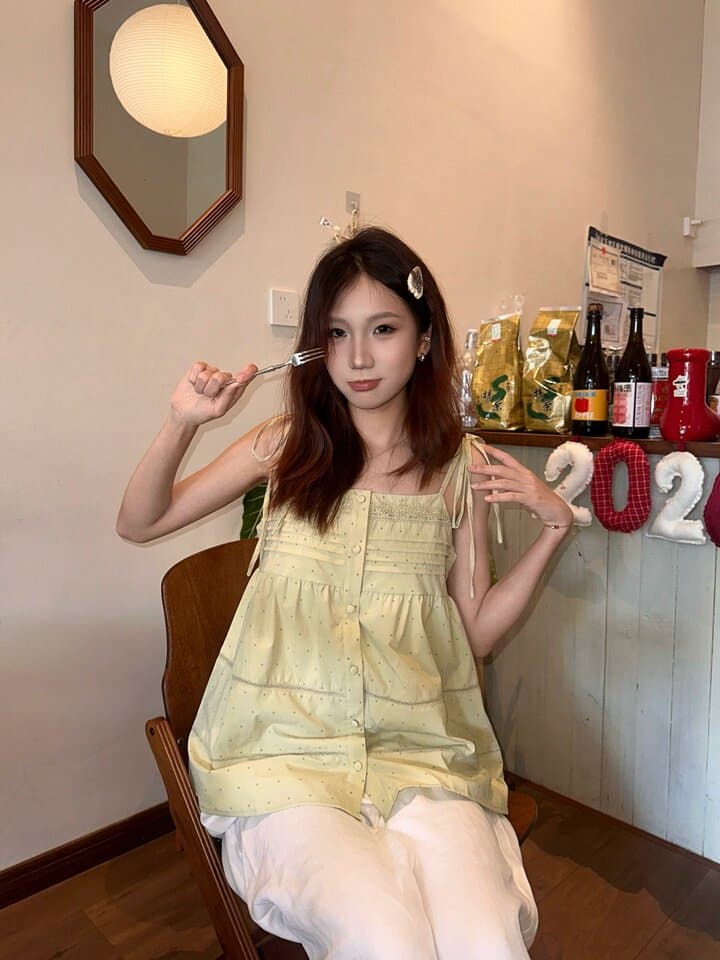 한 부서 신선함 녹색 도트 무늬 캐미솔 여름 달콤함 휴가 바람 민소매 맨위 이미지 3