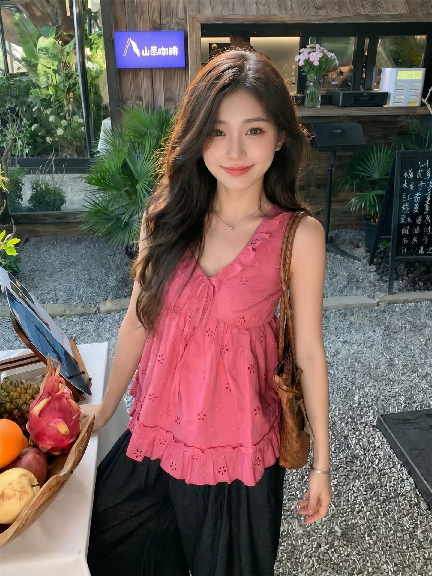 프랑스식 낭만주의 바람 로즈 레드 프릴 민소매 맨위 여성 2026 여름 새로운 작은 조끼 디자인 센스 작은 대중 상세 이미지 1