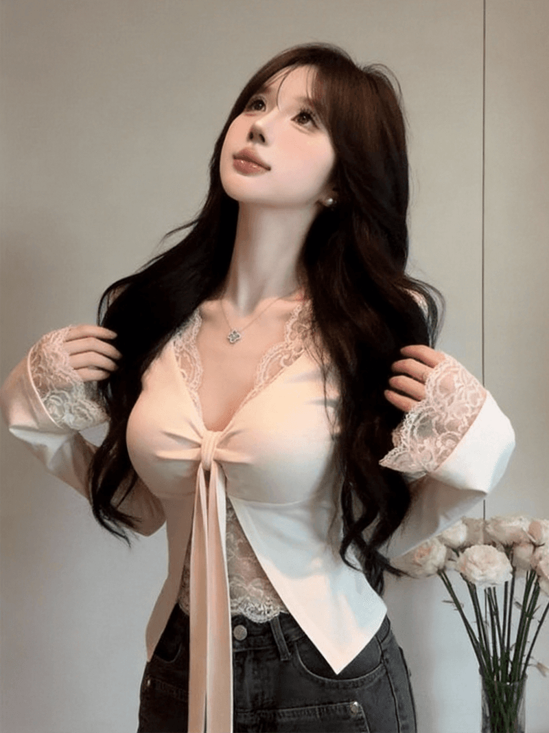 정가 실사 순수한 욕망 페이크 레이어드 긴팔 티셔츠 여성 섹시함 V넥 레이스 측면 인사이드 가져 가라. 벨트 가슴 패드 의류 봄 스타킹 이미지 2