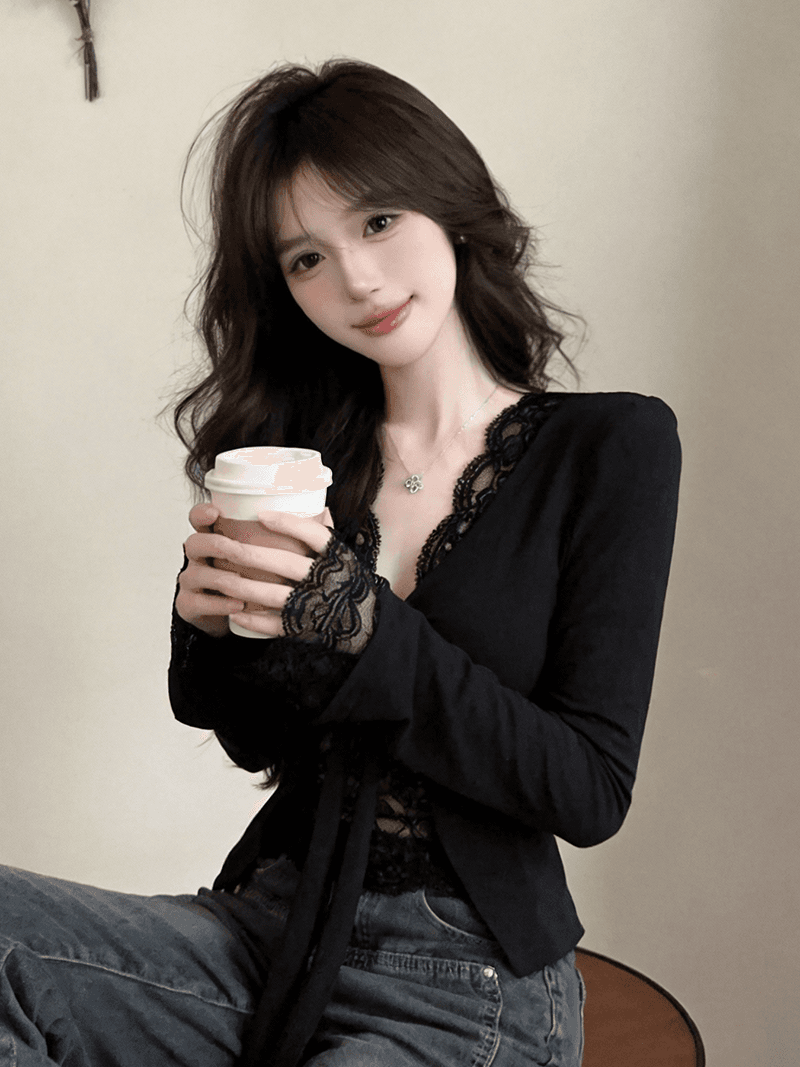 정가 실사 순수한 욕망 페이크 레이어드 긴팔 티셔츠 여성 섹시함 V넥 레이스 측면 인사이드 가져 가라. 벨트 가슴 패드 의류 봄 스타킹 이미지 5