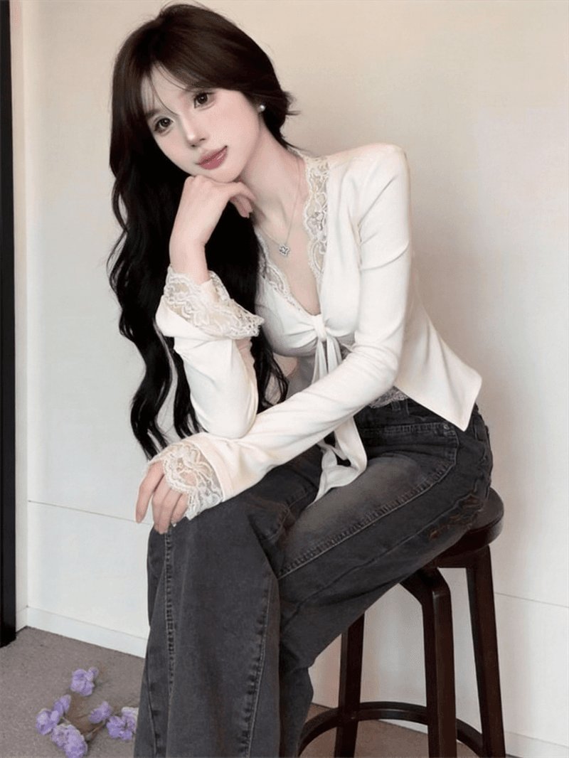 정가 실사 순수한 욕망 페이크 레이어드 긴팔 티셔츠 여성 섹시함 V넥 레이스 측면 인사이드 가져 가라. 벨트 가슴 패드 의류 봄 스타킹 상세 이미지 4