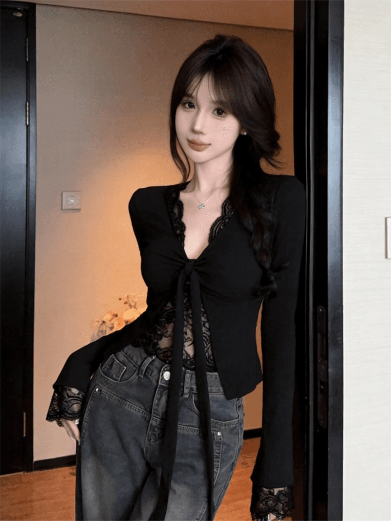 정가 실사 순수한 욕망 페이크 레이어드 긴팔 티셔츠 여성 섹시함 V넥 레이스 측면 인사이드 가져 가라. 벨트 가슴 패드 의류 봄 스타킹 상세 이미지 16